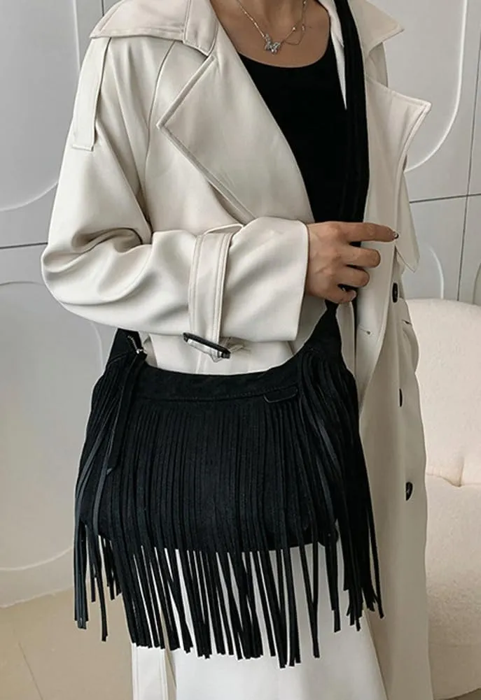 Suede Fringe Crossbody Bag for Women Ladies Stylish Leather Shoulder Bag Purse Handbag Fall Winter Spring 2024
