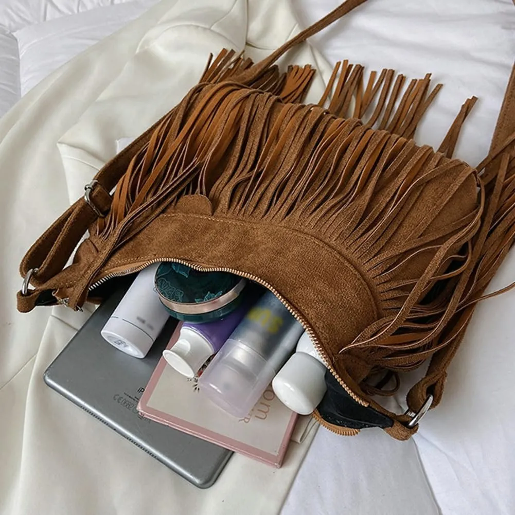 Suede Fringe Crossbody Bag for Women Ladies Stylish Leather Shoulder Bag Purse Handbag Fall Winter Spring 2024