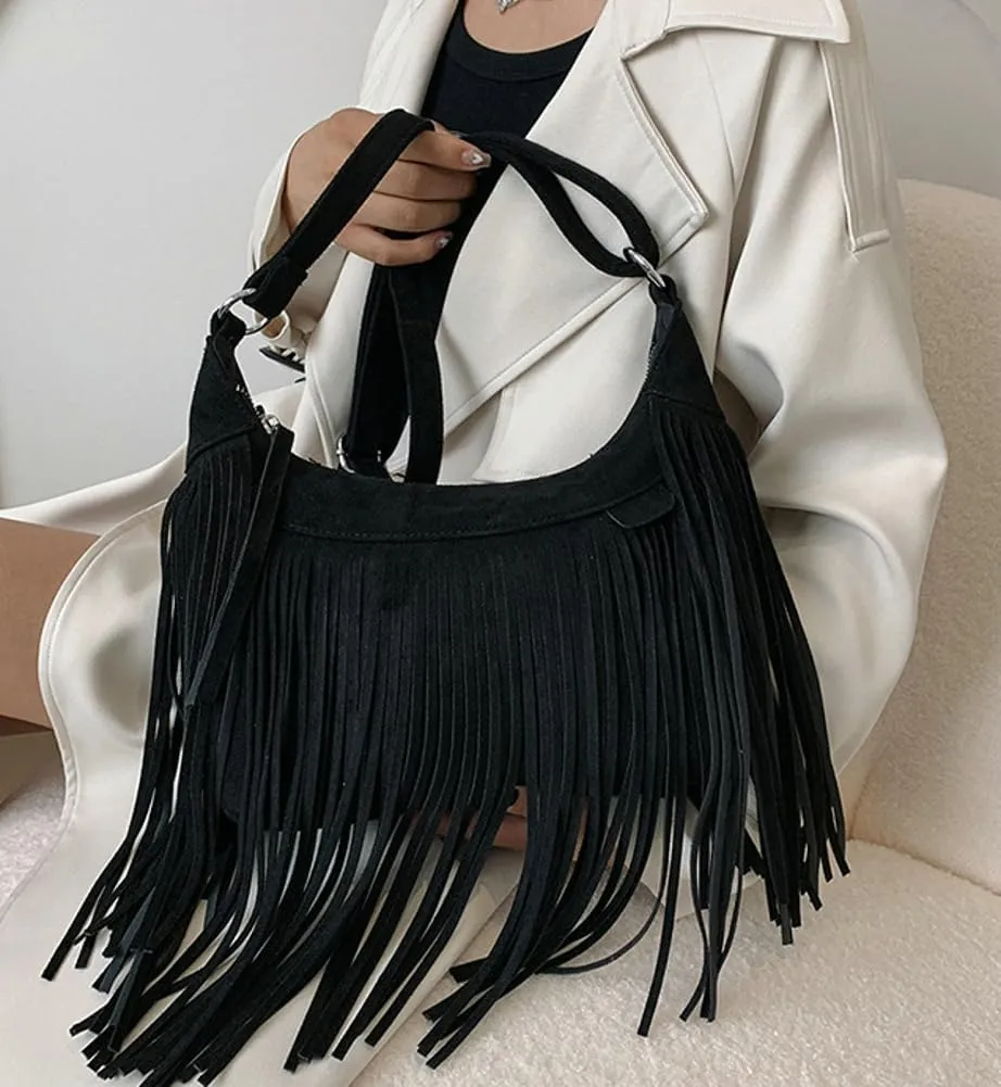 Suede Fringe Crossbody Bag for Women Ladies Stylish Leather Shoulder Bag Purse Handbag Fall Winter Spring 2024