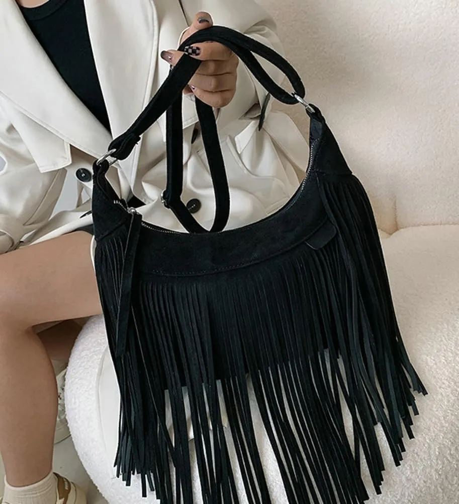 Suede Fringe Crossbody Bag for Women Ladies Stylish Leather Shoulder Bag Purse Handbag Fall Winter Spring 2024