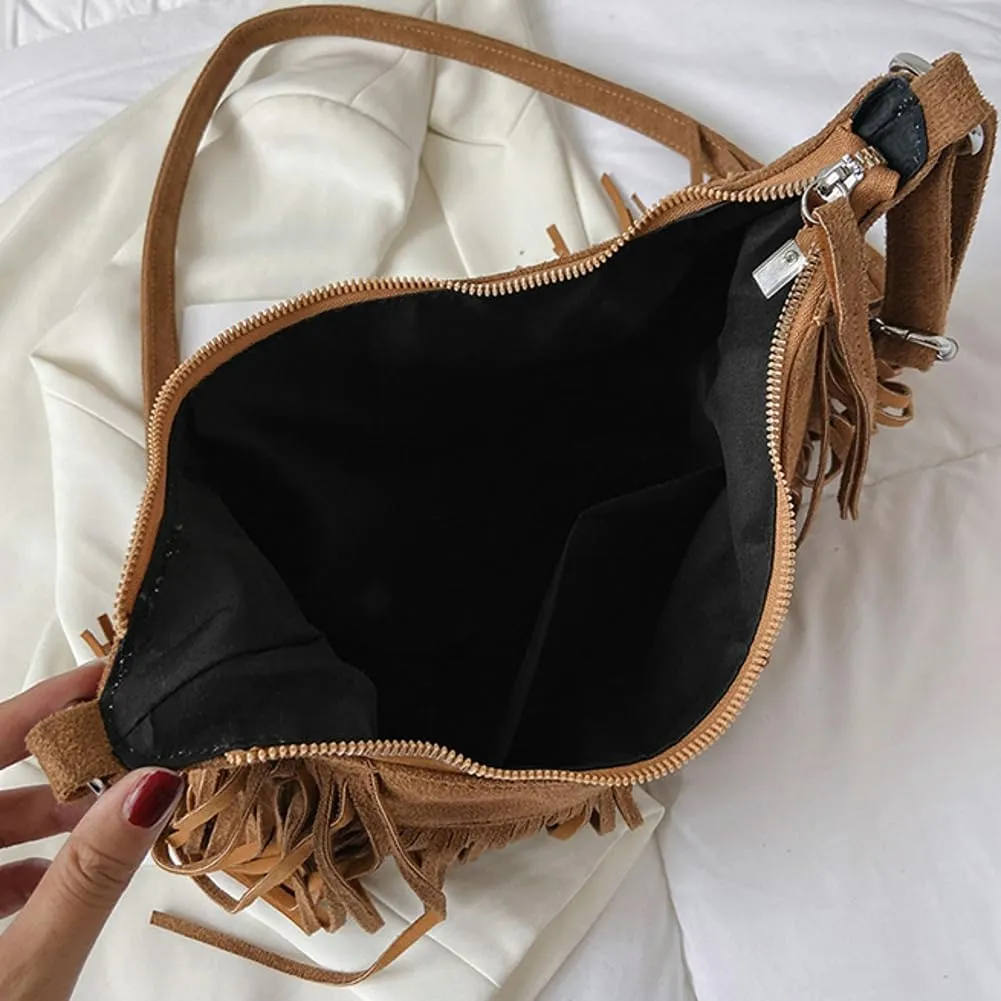 Suede Fringe Crossbody Bag for Women Ladies Stylish Leather Shoulder Bag Purse Handbag Fall Winter Spring 2024