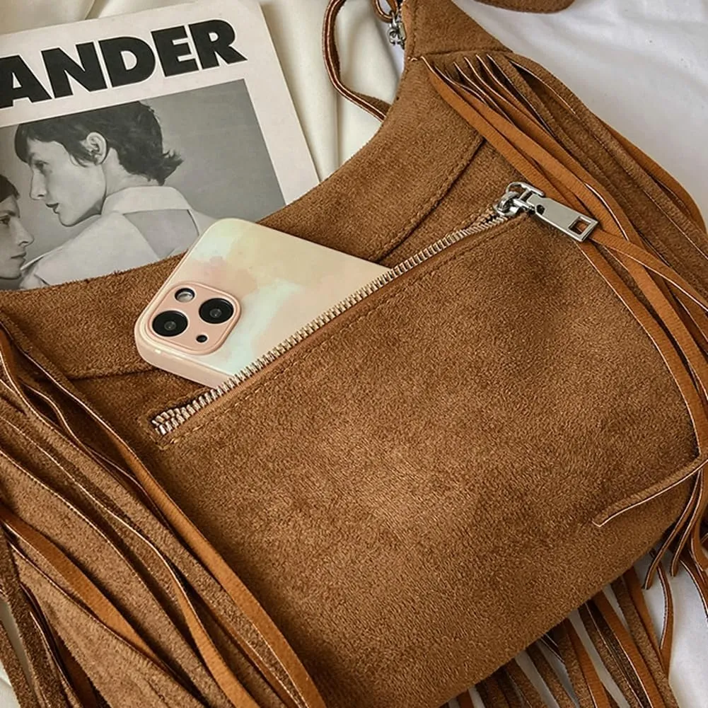 Suede Fringe Crossbody Bag for Women Ladies Stylish Leather Shoulder Bag Purse Handbag Fall Winter Spring 2024