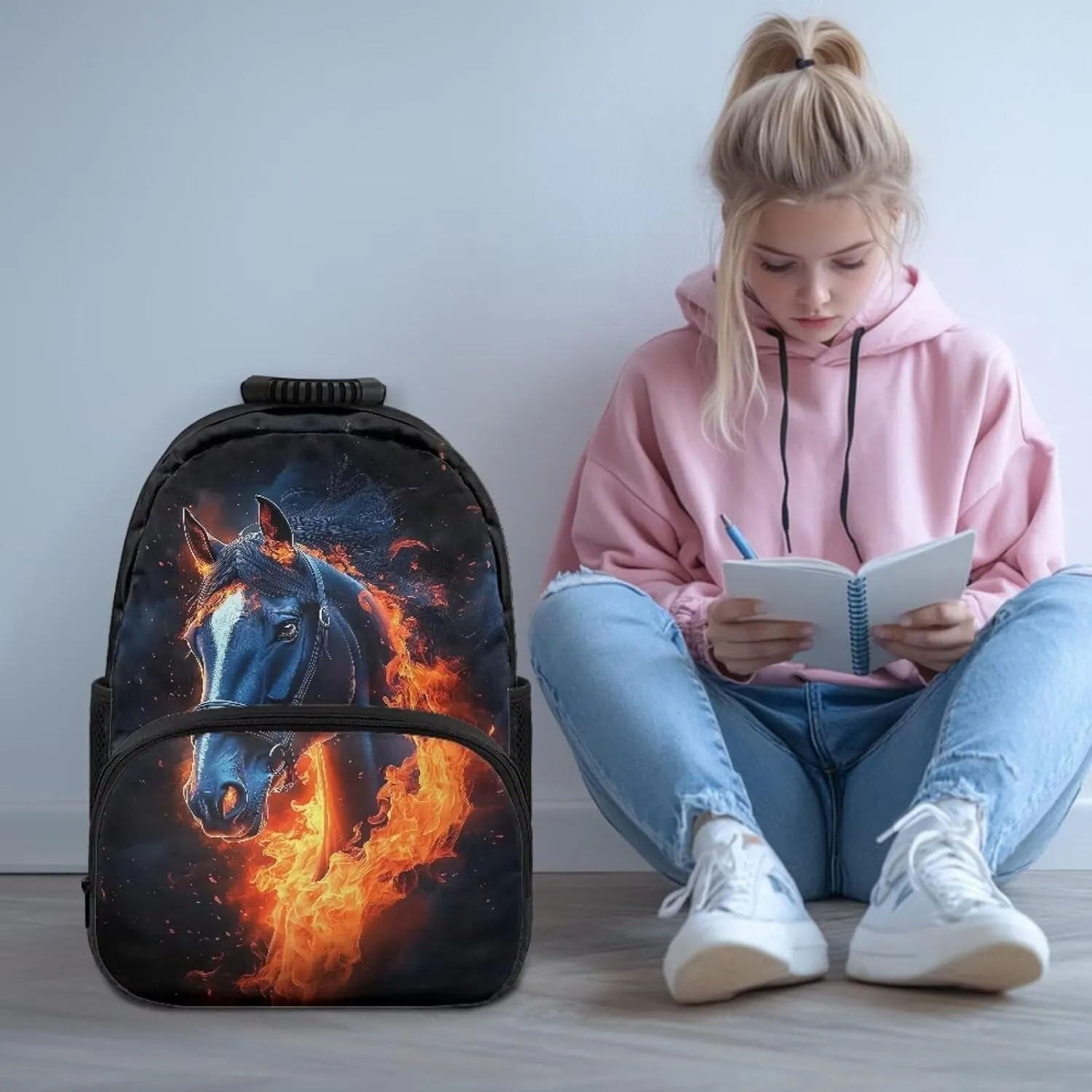 Suobstales Horse Fire Print Kids School Backpack for Boys Gilrs Kindergarten Primary School Backpacks Teens Bookbag Casual Travel Daypack Junior School Student Bag