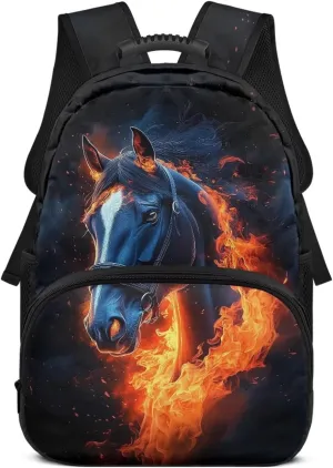 Suobstales Horse Fire Print Kids School Backpack for Boys Gilrs Kindergarten Primary School Backpacks Teens Bookbag Casual Travel Daypack Junior School Student Bag