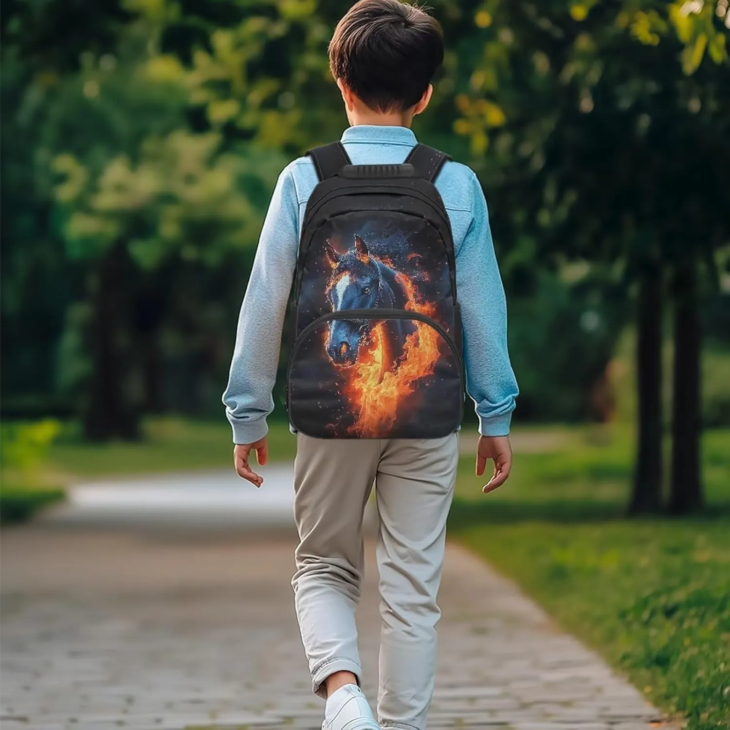 Suobstales Horse Fire Print Kids School Backpack for Boys Gilrs Kindergarten Primary School Backpacks Teens Bookbag Casual Travel Daypack Junior School Student Bag