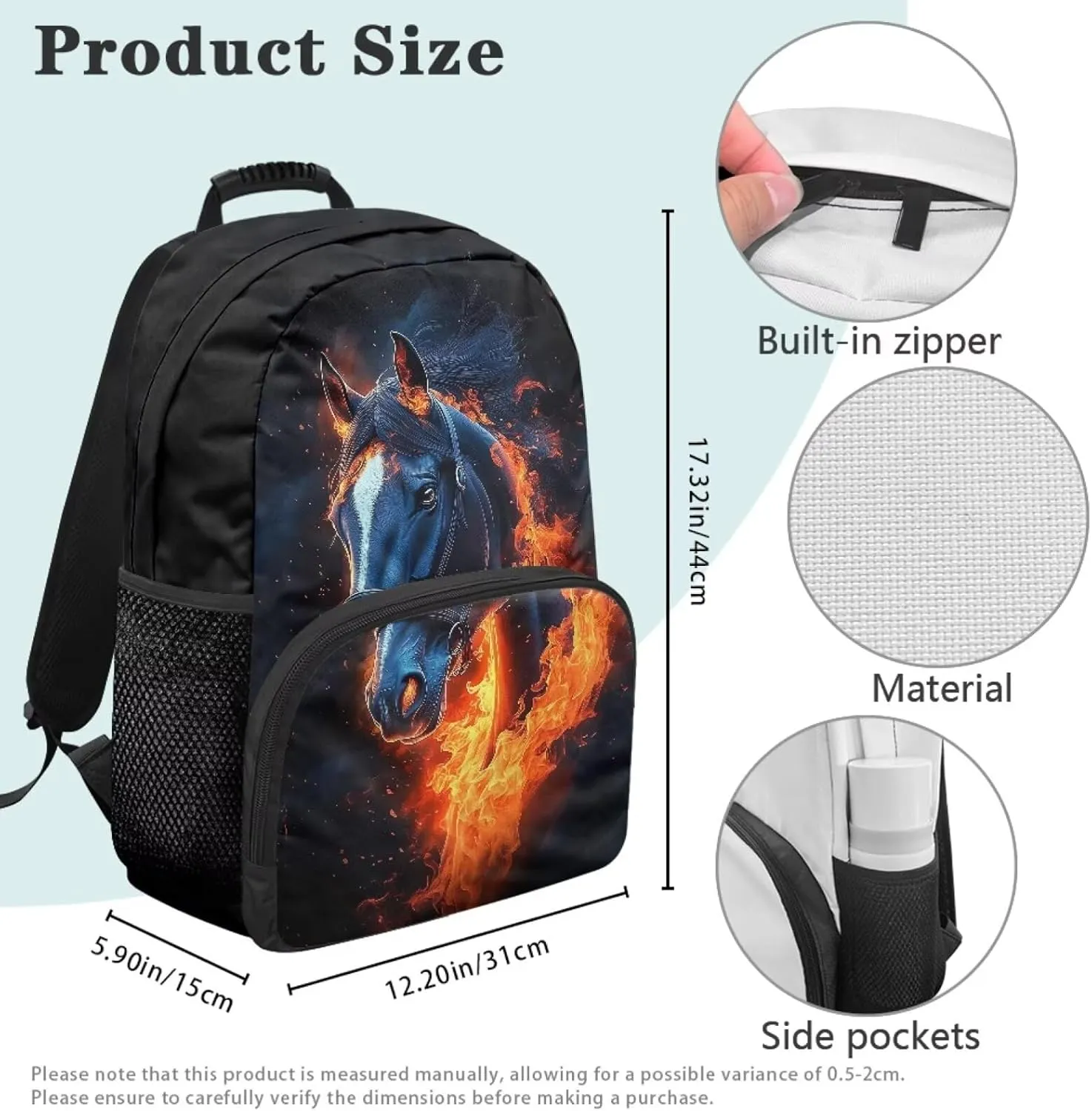 Suobstales Horse Fire Print Kids School Backpack for Boys Gilrs Kindergarten Primary School Backpacks Teens Bookbag Casual Travel Daypack Junior School Student Bag