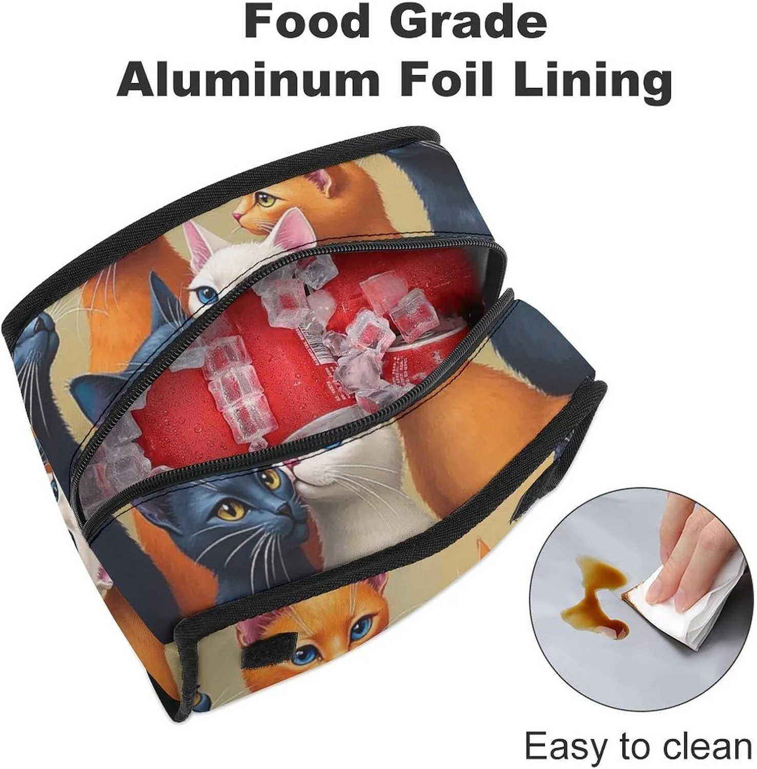 SWEET TANG Cute Reusable Lunch Bag with Buckle - Insulated Washable Work Office Lunch Handbags Compatible with Cat Animal for Women Men