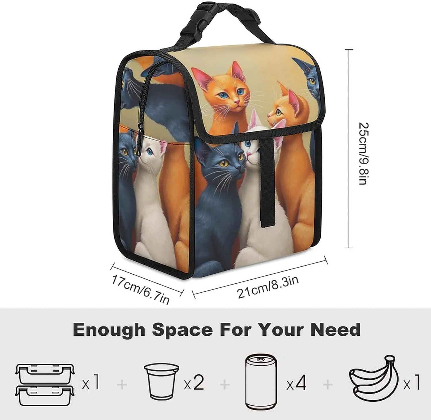 SWEET TANG Cute Reusable Lunch Bag with Buckle - Insulated Washable Work Office Lunch Handbags Compatible with Cat Animal for Women Men