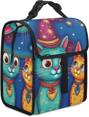 SWEET TANG Cute Reusable Lunch Bag with Buckle - Insulated Washable Work Office Lunch Handbags Compatible with Cat With A Witch Hat for Women Men