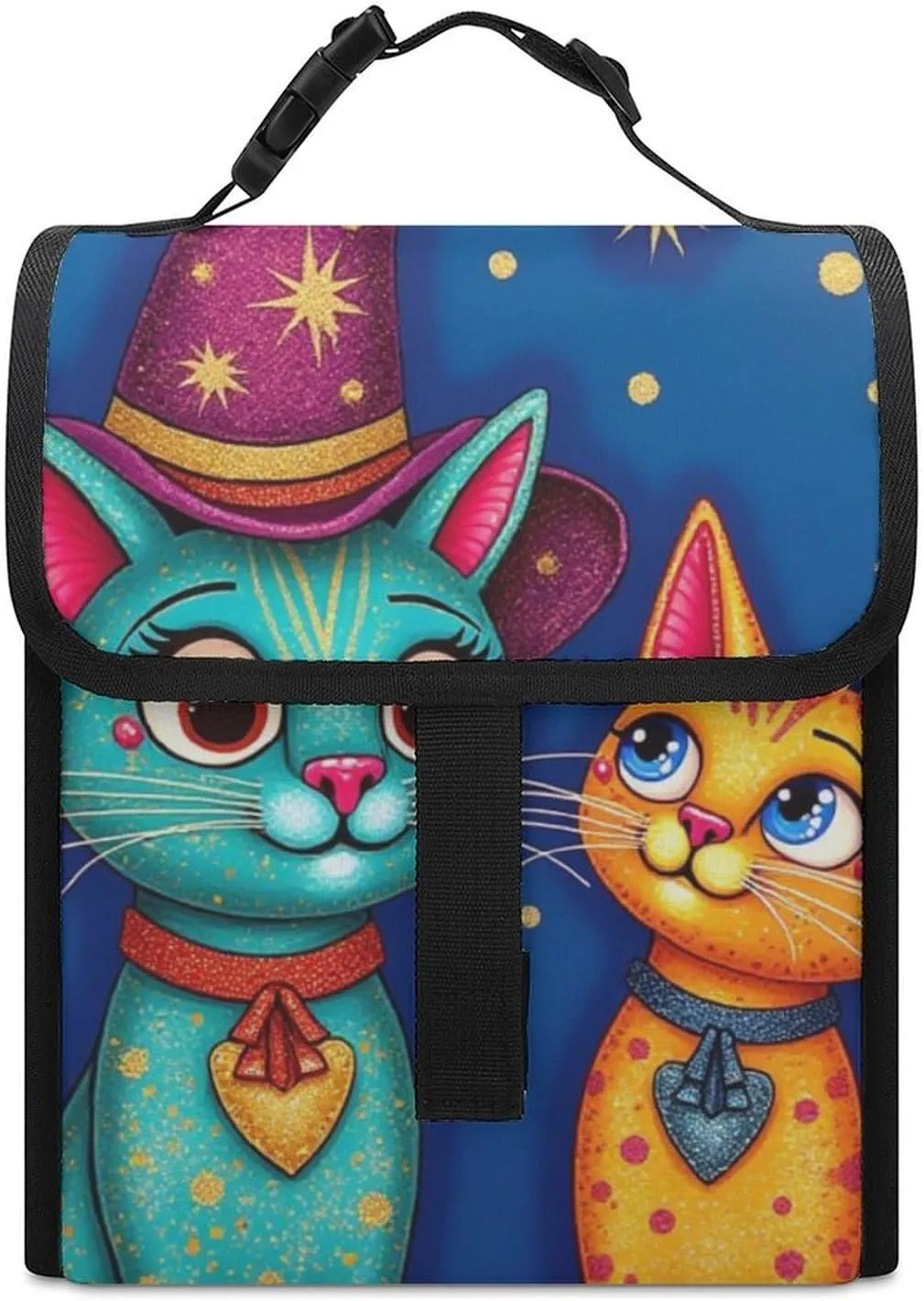 SWEET TANG Cute Reusable Lunch Bag with Buckle - Insulated Washable Work Office Lunch Handbags Compatible with Cat With A Witch Hat for Women Men