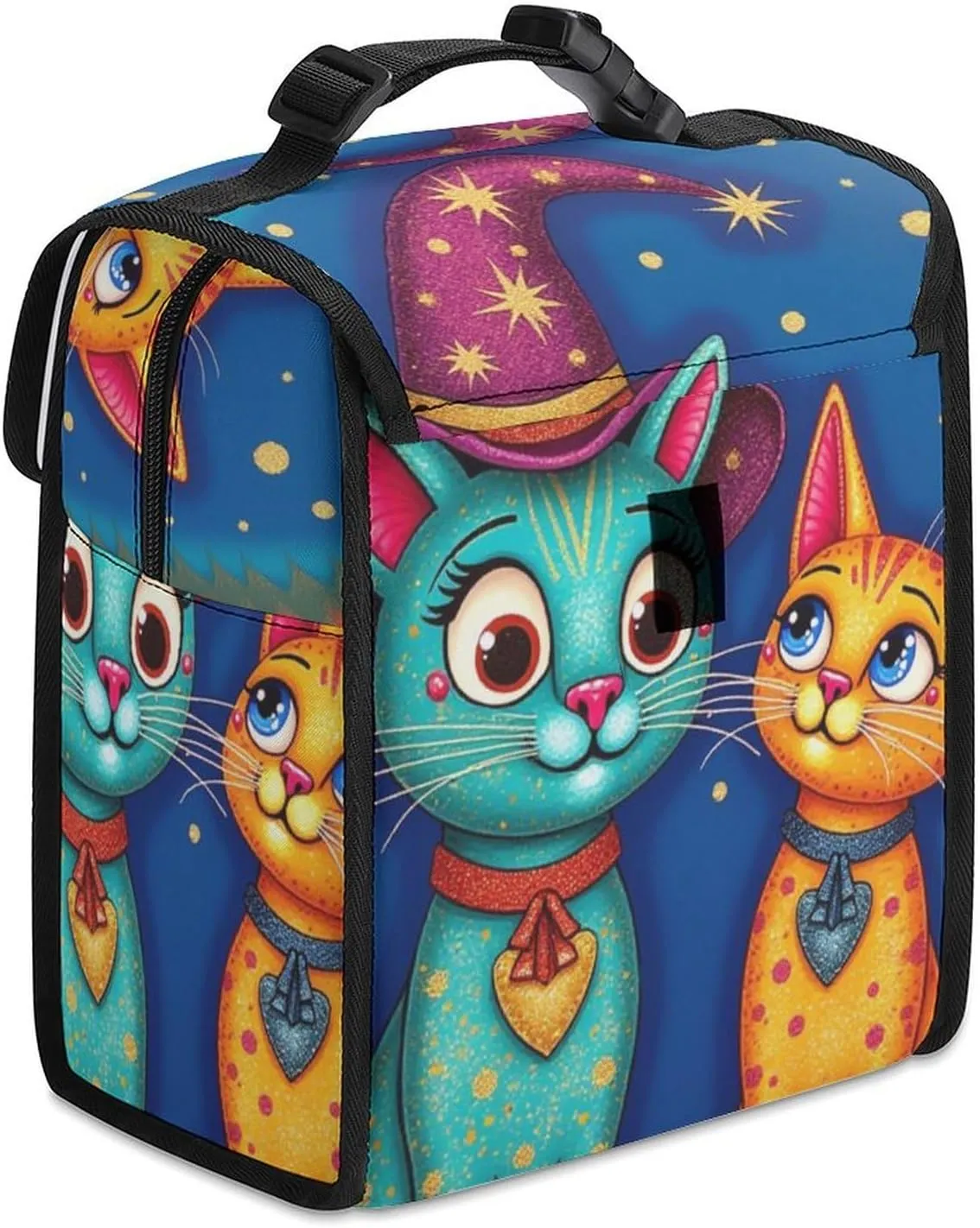 SWEET TANG Cute Reusable Lunch Bag with Buckle - Insulated Washable Work Office Lunch Handbags Compatible with Cat With A Witch Hat for Women Men