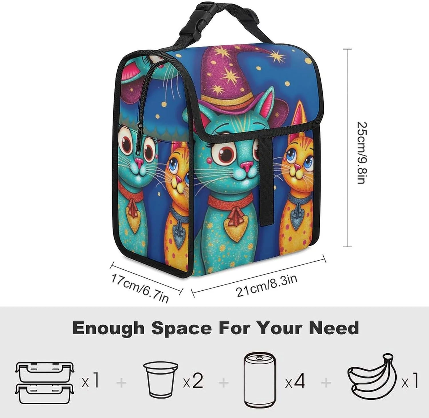 SWEET TANG Cute Reusable Lunch Bag with Buckle - Insulated Washable Work Office Lunch Handbags Compatible with Cat With A Witch Hat for Women Men