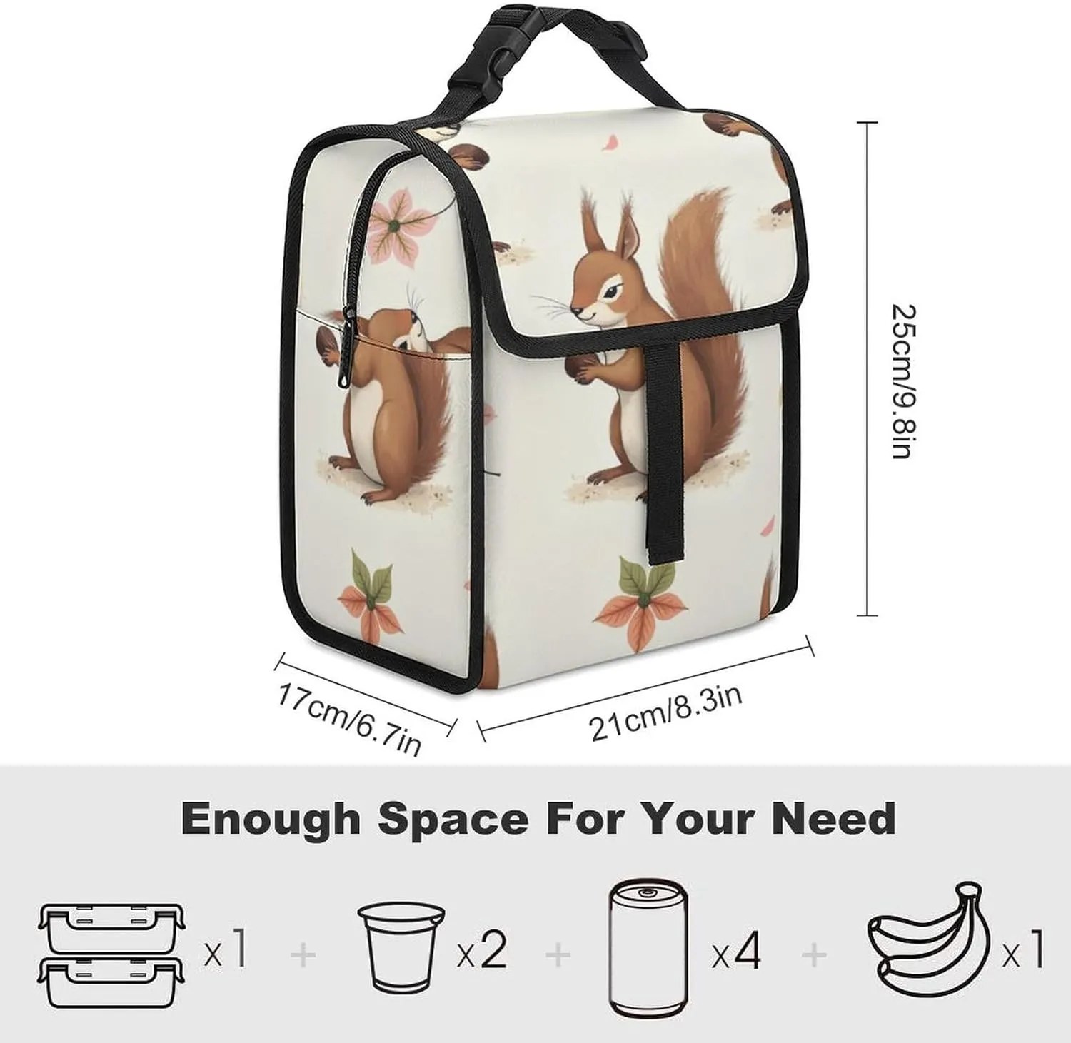 SWEET TANG Cute Reusable Lunch Bag with Buckle - Insulated Washable Work Office Lunch Handbags Compatible with Cute Fluffy Squirrels And Nuts for Women Men
