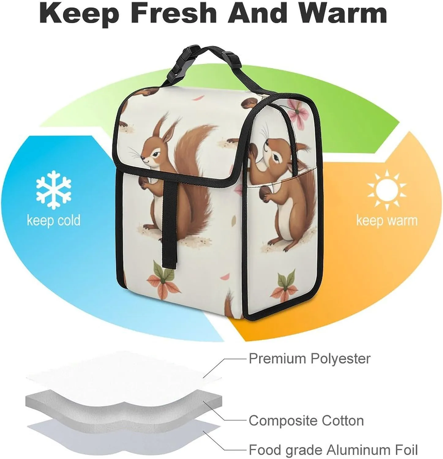 SWEET TANG Cute Reusable Lunch Bag with Buckle - Insulated Washable Work Office Lunch Handbags Compatible with Cute Fluffy Squirrels And Nuts for Women Men