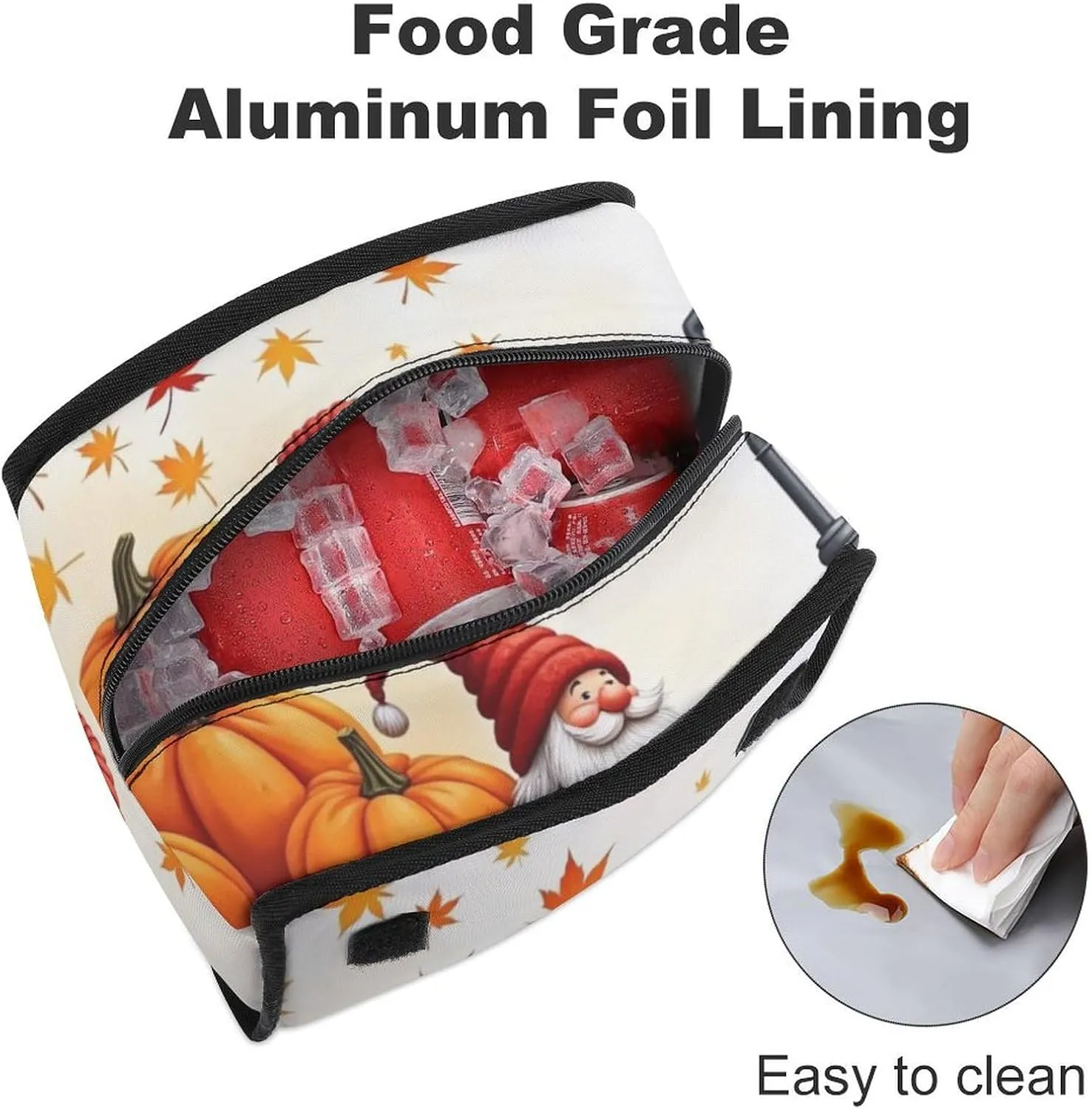SWEET TANG Cute Reusable Lunch Bag with Buckle - Insulated Washable Work Office Lunch Handbags Compatible with Fall Thanksgiving Gnome for Women Men