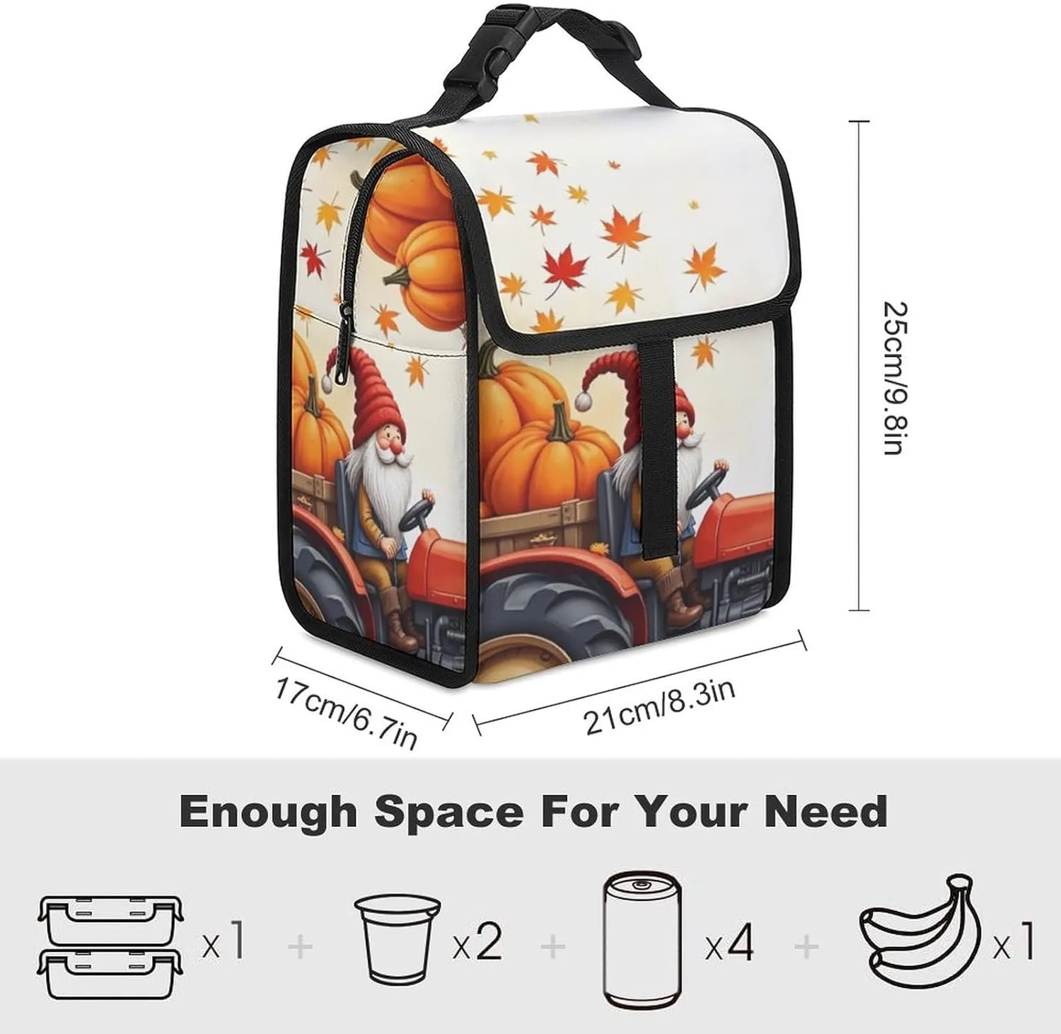 SWEET TANG Cute Reusable Lunch Bag with Buckle - Insulated Washable Work Office Lunch Handbags Compatible with Fall Thanksgiving Gnome for Women Men