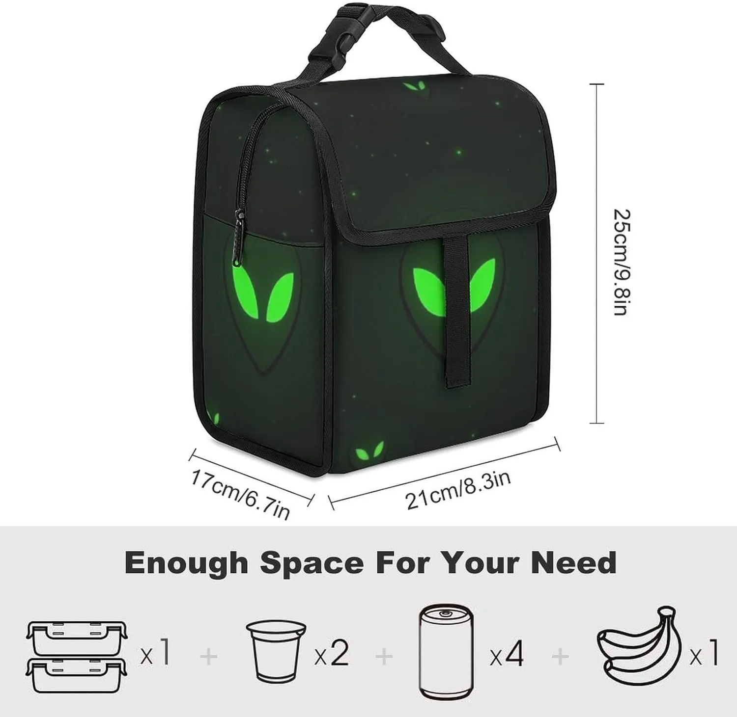SWEET TANG Cute Reusable Lunch Bag with Buckle - Insulated Washable Work Office Lunch Handbags Compatible with Green Alien Moon Spaceships Planet Black for Women Men