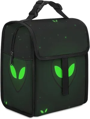 SWEET TANG Cute Reusable Lunch Bag with Buckle - Insulated Washable Work Office Lunch Handbags Compatible with Green Alien Moon Spaceships Planet Black for Women Men
