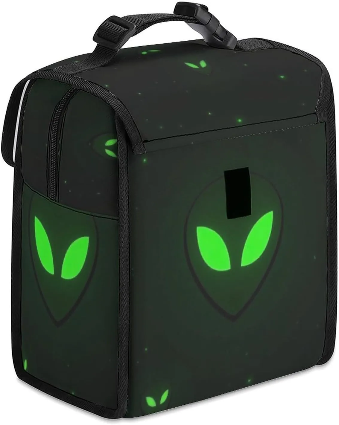 SWEET TANG Cute Reusable Lunch Bag with Buckle - Insulated Washable Work Office Lunch Handbags Compatible with Green Alien Moon Spaceships Planet Black for Women Men