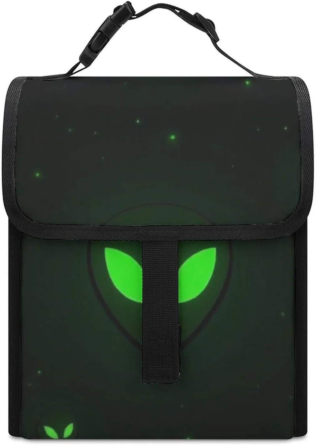 SWEET TANG Cute Reusable Lunch Bag with Buckle - Insulated Washable Work Office Lunch Handbags Compatible with Green Alien Moon Spaceships Planet Black for Women Men