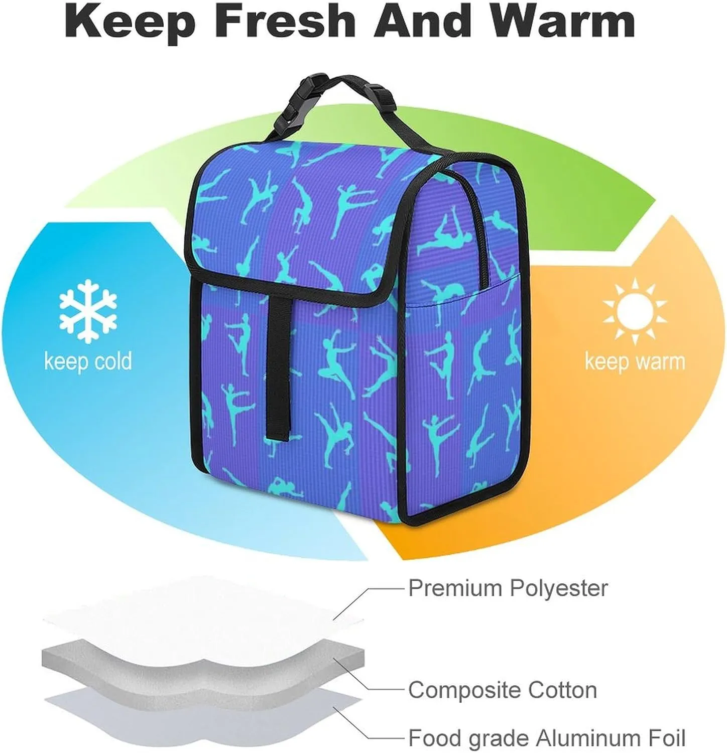 SWEET TANG Cute Reusable Lunch Bag with Buckle - Insulated Washable Work Office Lunch Handbags Compatible with Gymnastics Game for Women Men