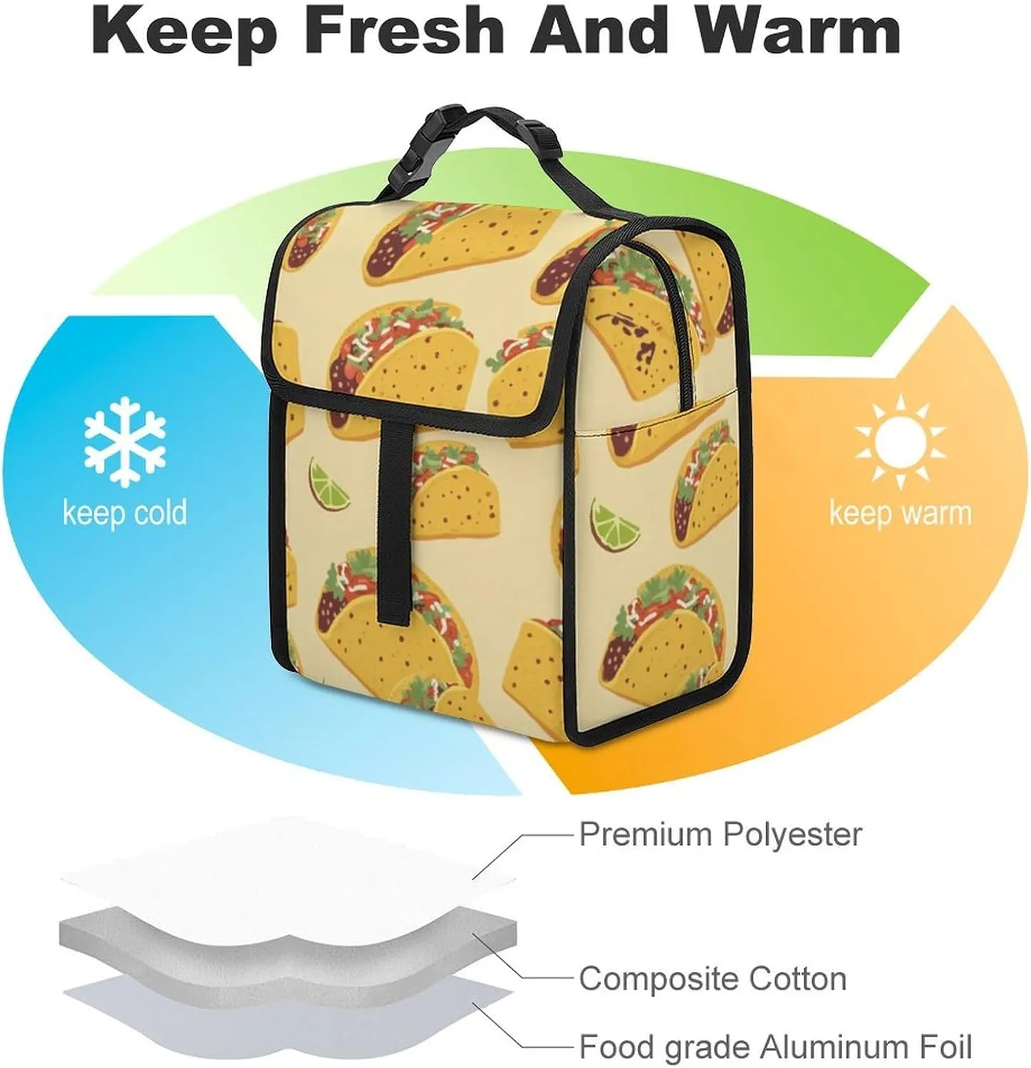 SWEET TANG Cute Reusable Lunch Bag with Buckle - Insulated Washable Work Office Lunch Handbags Compatible with Mexican Taco for Women Men