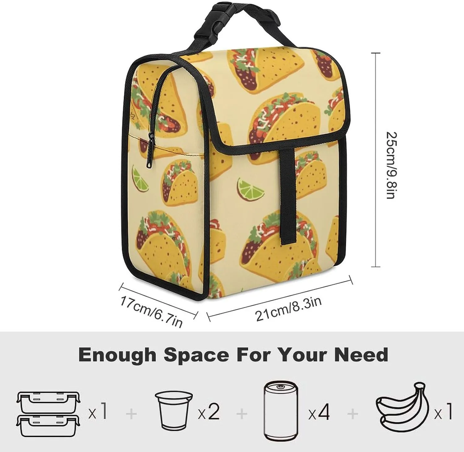 SWEET TANG Cute Reusable Lunch Bag with Buckle - Insulated Washable Work Office Lunch Handbags Compatible with Mexican Taco for Women Men