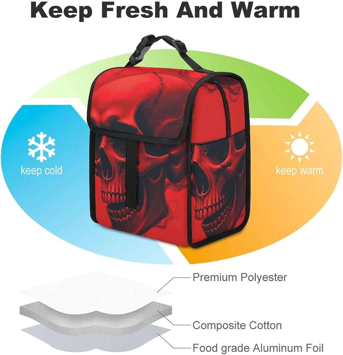 SWEET TANG Cute Reusable Lunch Bag with Buckle - Insulated Washable Work Office Lunch Handbags Compatible with Red Skull for Women Men