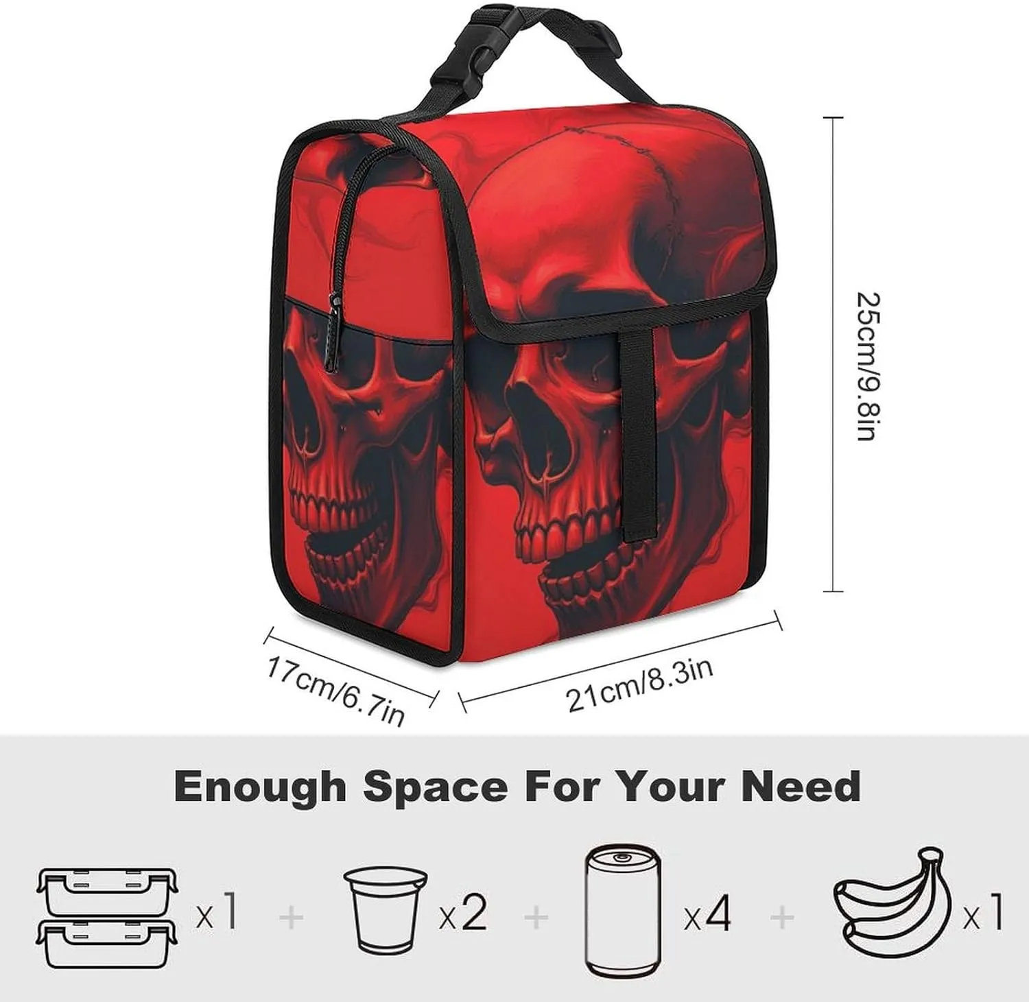 SWEET TANG Cute Reusable Lunch Bag with Buckle - Insulated Washable Work Office Lunch Handbags Compatible with Red Skull for Women Men