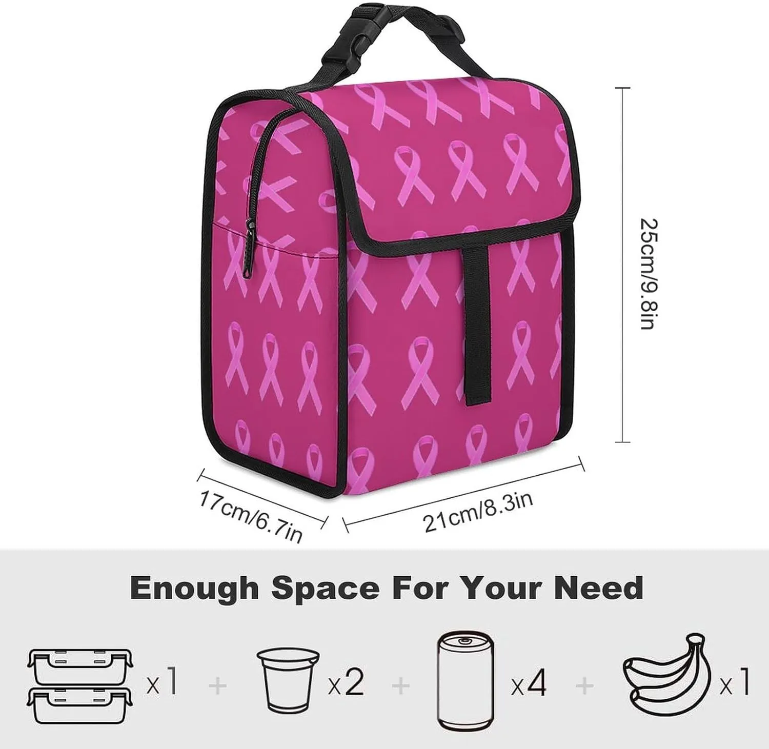 SWEET TANG Insulated Lunch Bag with Buckle - Bento Handbags Reusable College Travel Cooler Warm Compatible with Breast Cancer Ribbons Awareness Pink for Men Women