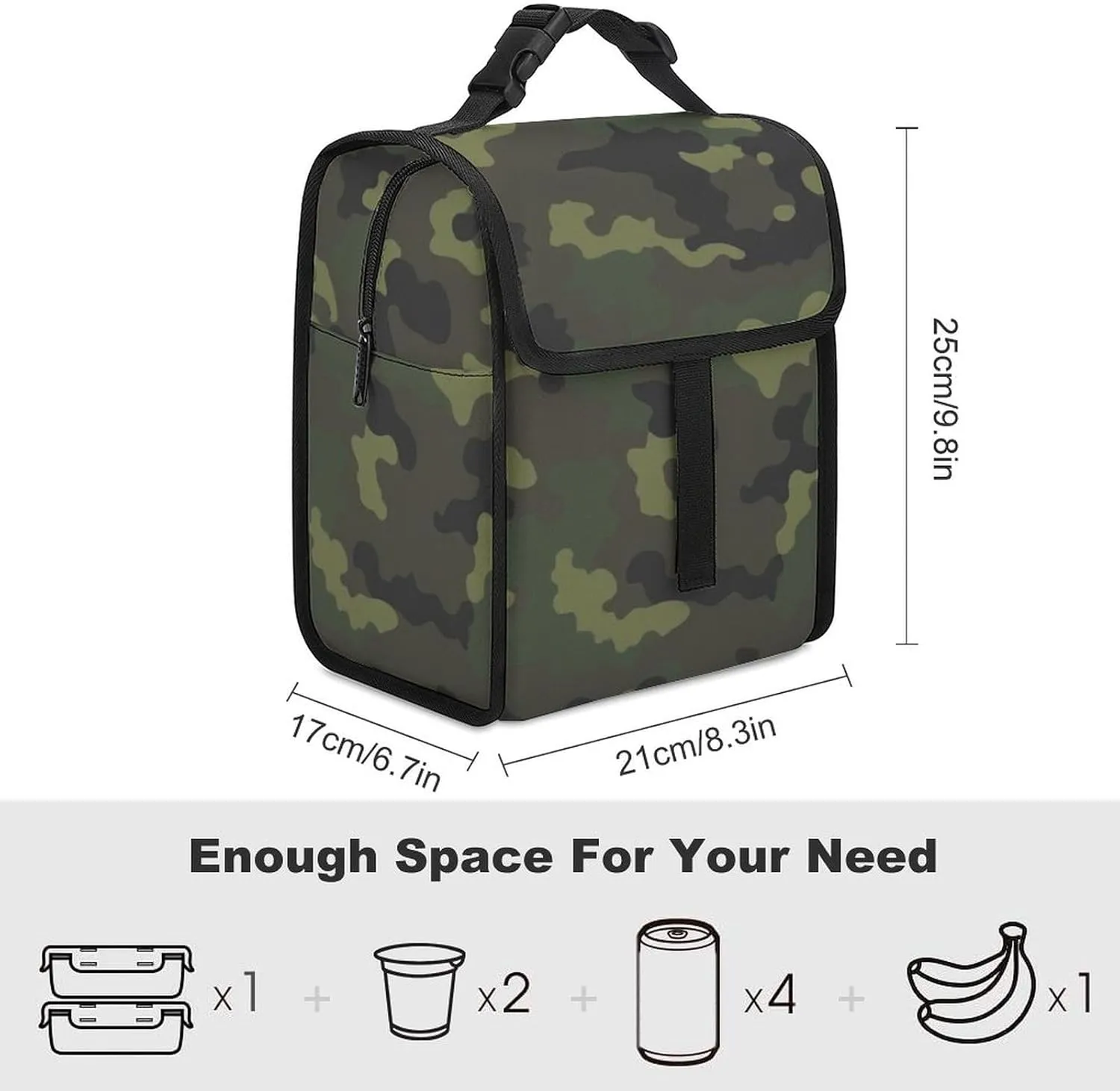 SWEET TANG Insulated Lunch Bag with Buckle - Bento Handbags Reusable College Travel Cooler Warm Compatible with Green Camouflage Army Camo for Men Women