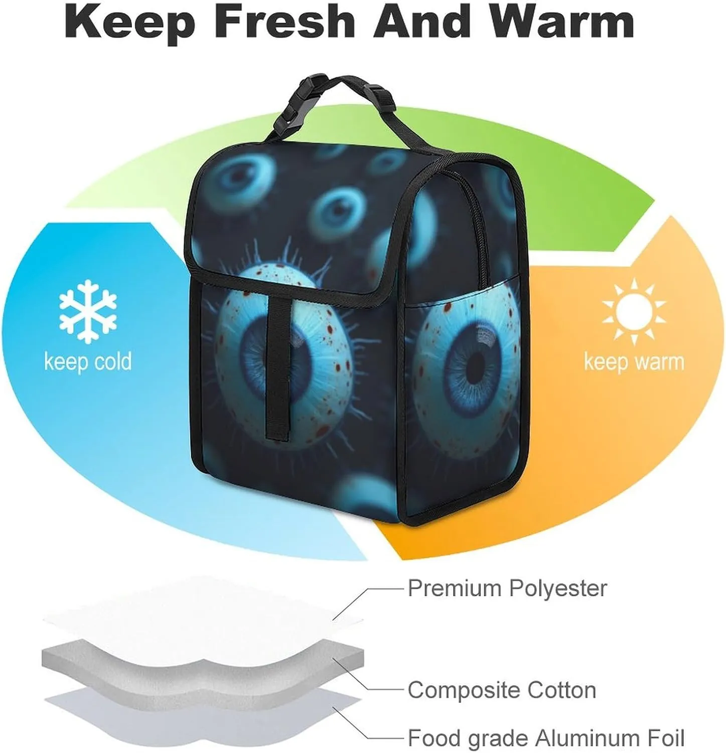 SWEET TANG Insulated Lunch Bag with Buckle - Bento Handbags Reusable College Travel Cooler Warm Compatible with Trippy Eyeballs Pattern for Men Women