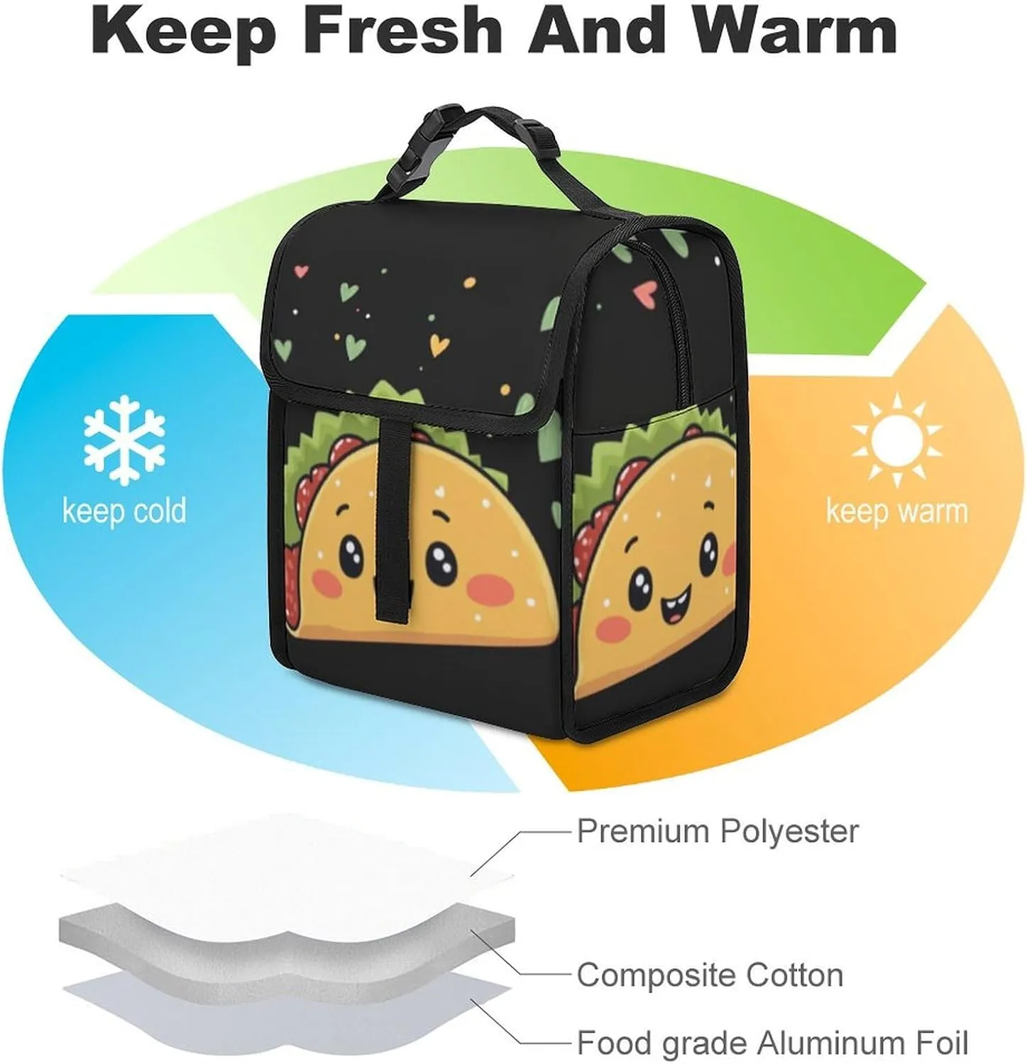 SWEET TANG Insulated Lunch Bag with Buckle - Compatible with Funny Cute Taco Bento Handbags Reusable College Travel Bag Cooler Warm for Men Women