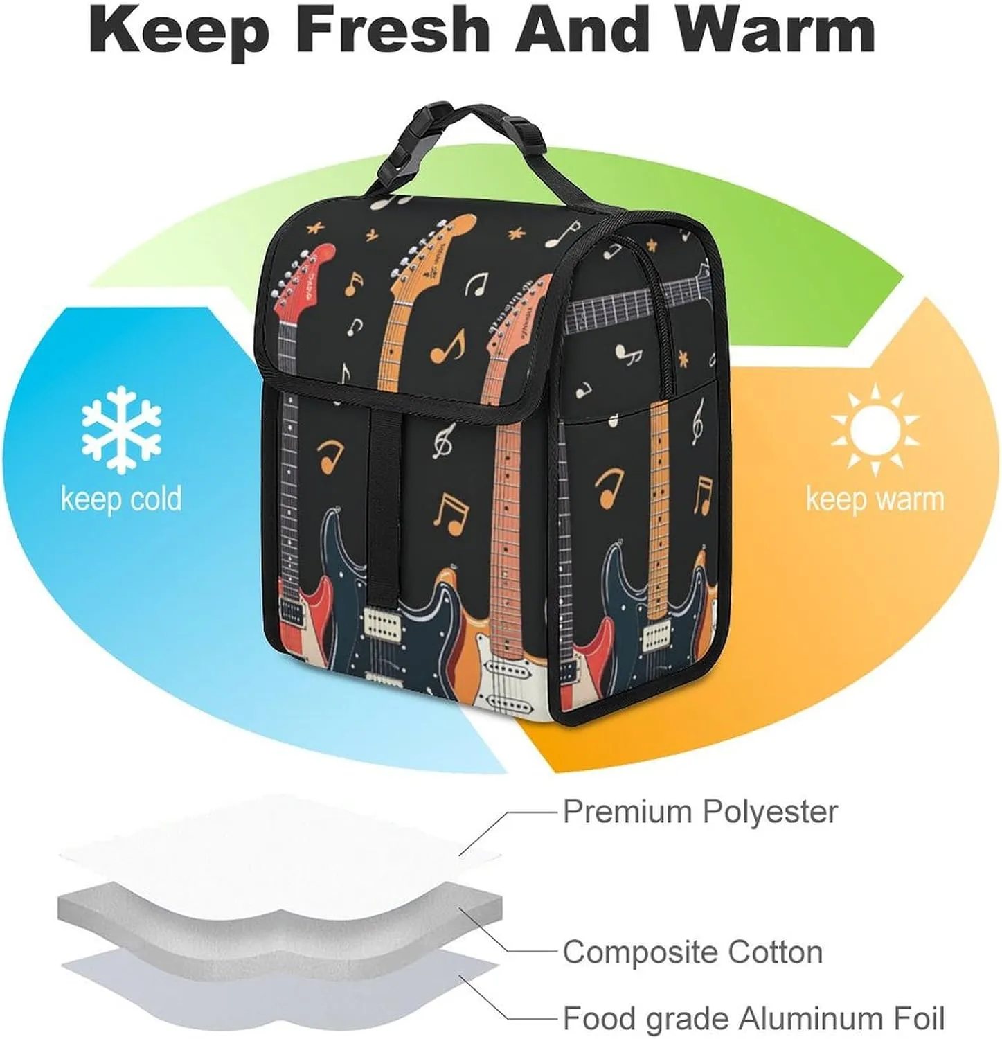 SWEET TANG Insulated Lunch Bag with Buckle - Compatible with Music Guitar Notes Bento Handbags Reusable College Travel Bag Cooler Warm for Men Women