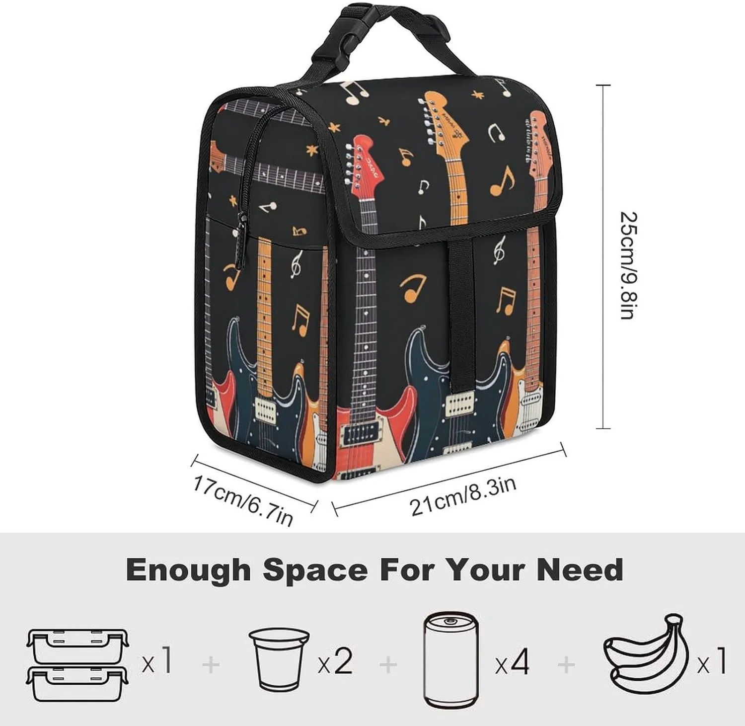 SWEET TANG Insulated Lunch Bag with Buckle - Compatible with Music Guitar Notes Bento Handbags Reusable College Travel Bag Cooler Warm for Men Women