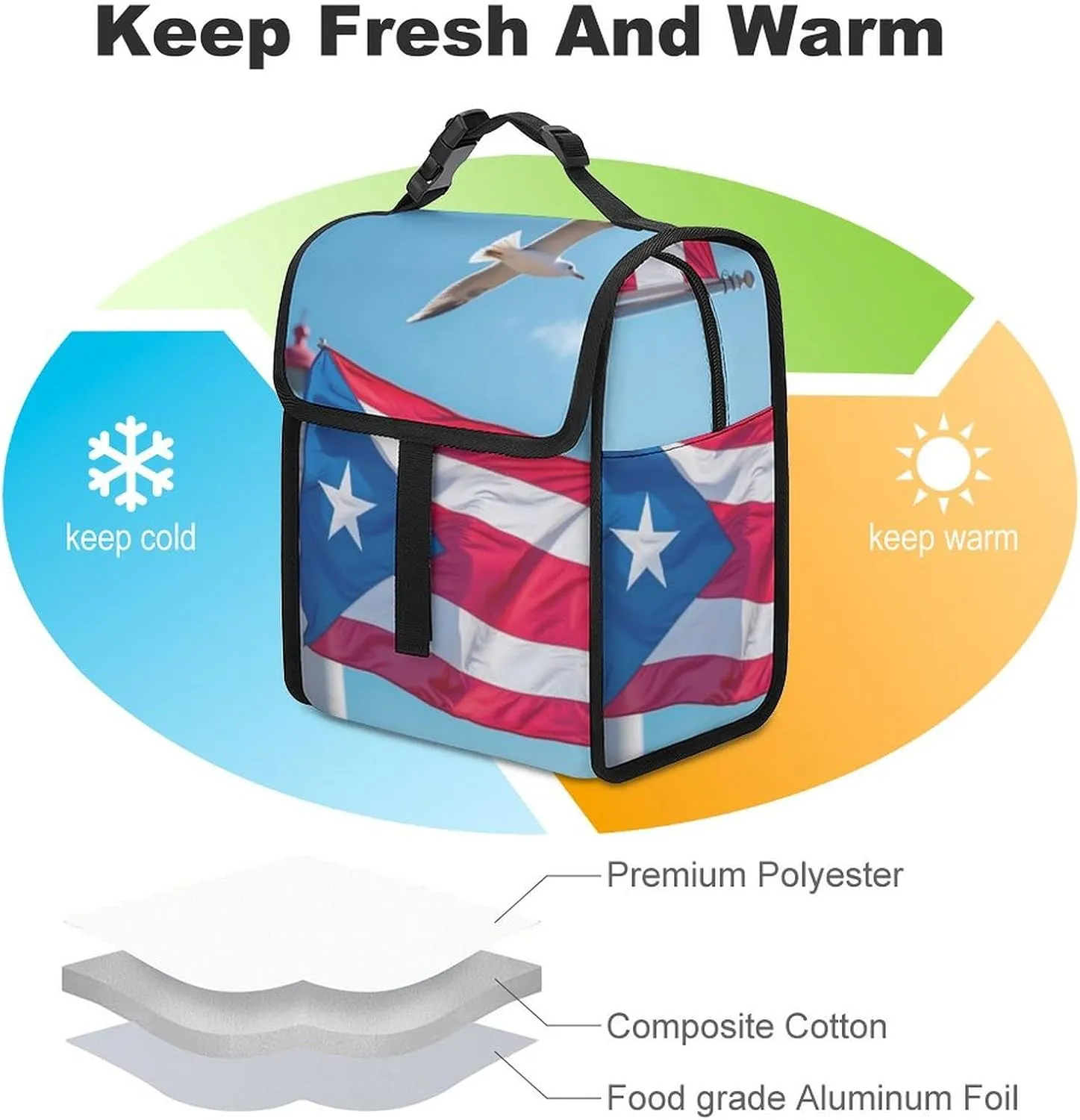 SWEET TANG Insulated Lunch Bag with Buckle - Compatible with Puerto Rico Flag Bento Handbags Reusable College Travel Bag Cooler Warm for Men Women