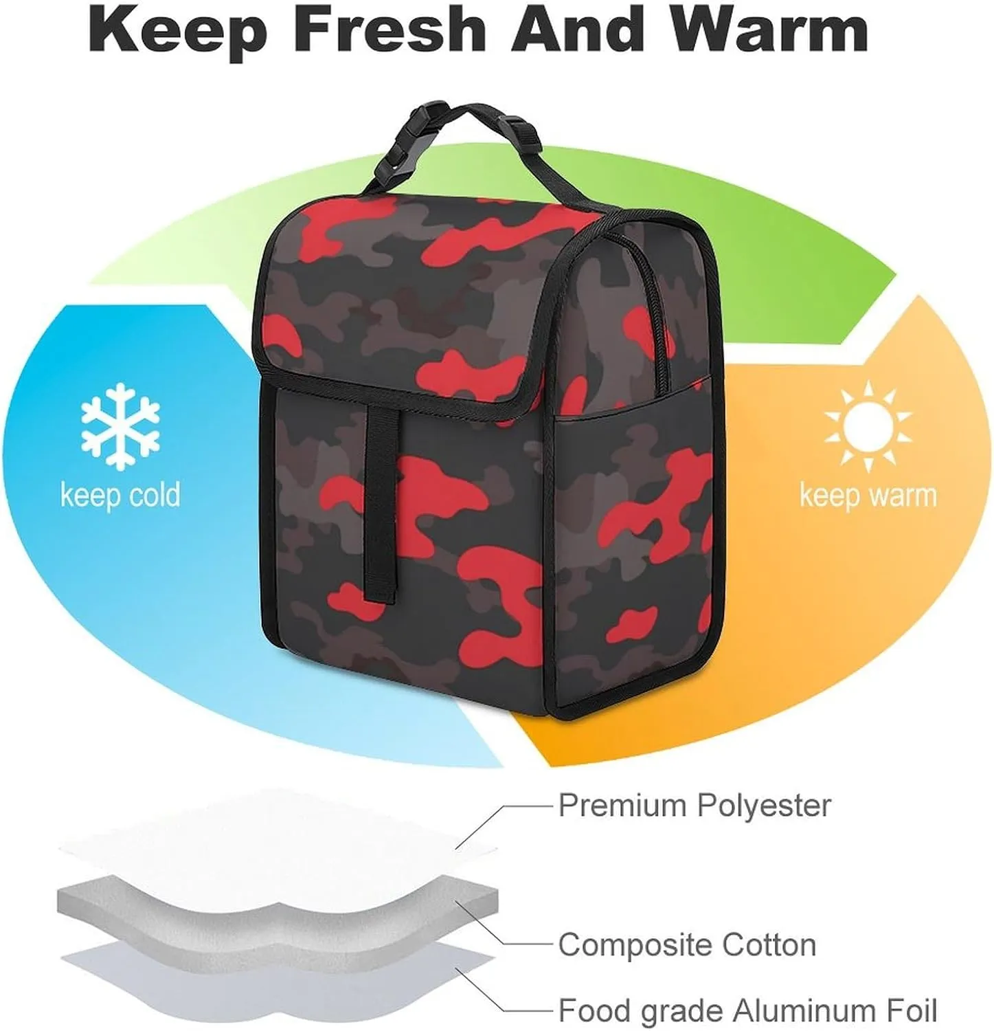 SWEET TANG Insulated Lunch Bag with Buckle - Compatible with Red Camouflage Bento Handbags Reusable College Travel Bag Cooler Warm for Men Women