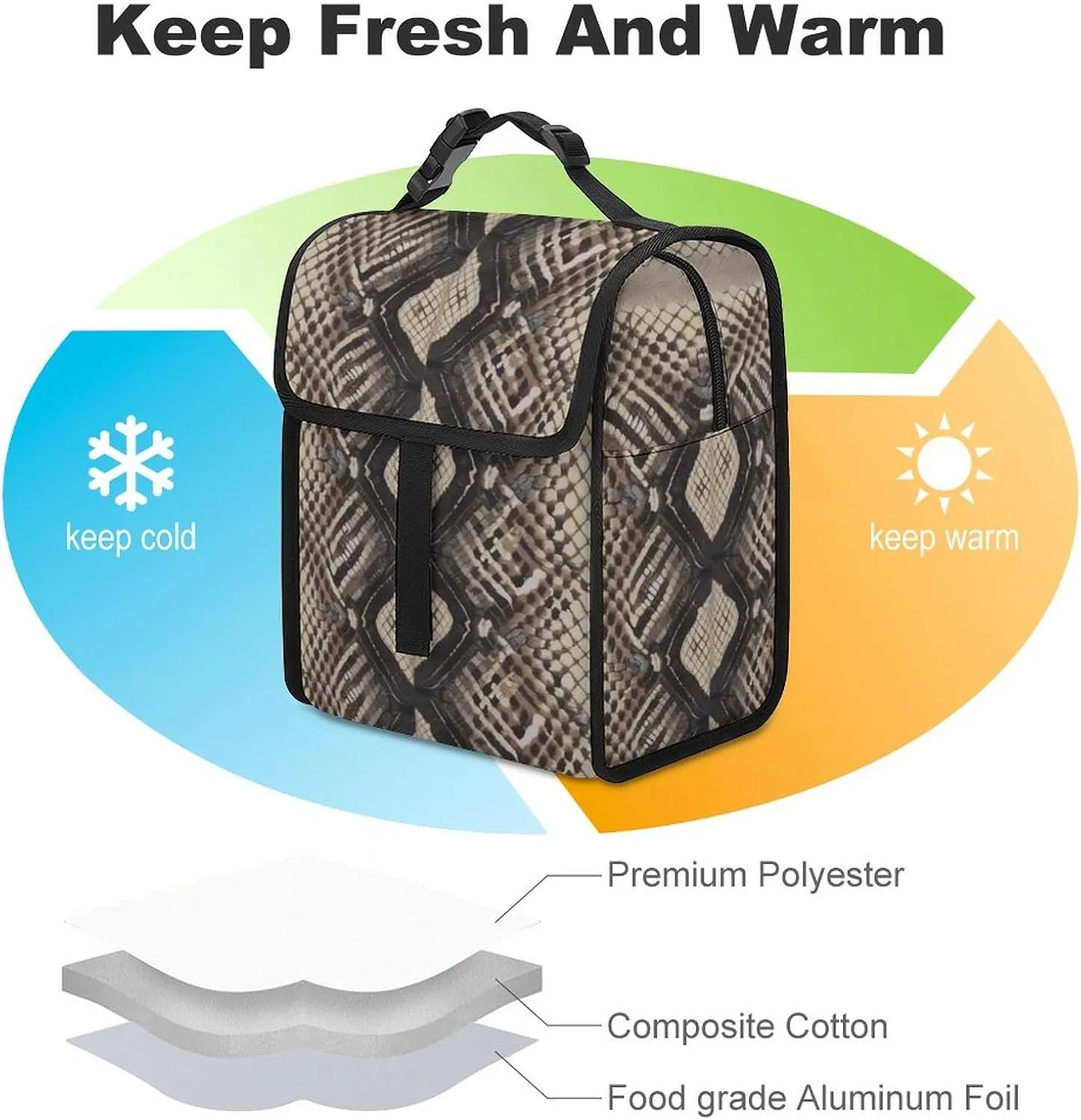 SWEET TANG Insulated Lunch Bag with Buckle - Compatible with Snake Skin Pattern Bento Handbags Reusable College Travel Bag Cooler Warm for Men Women
