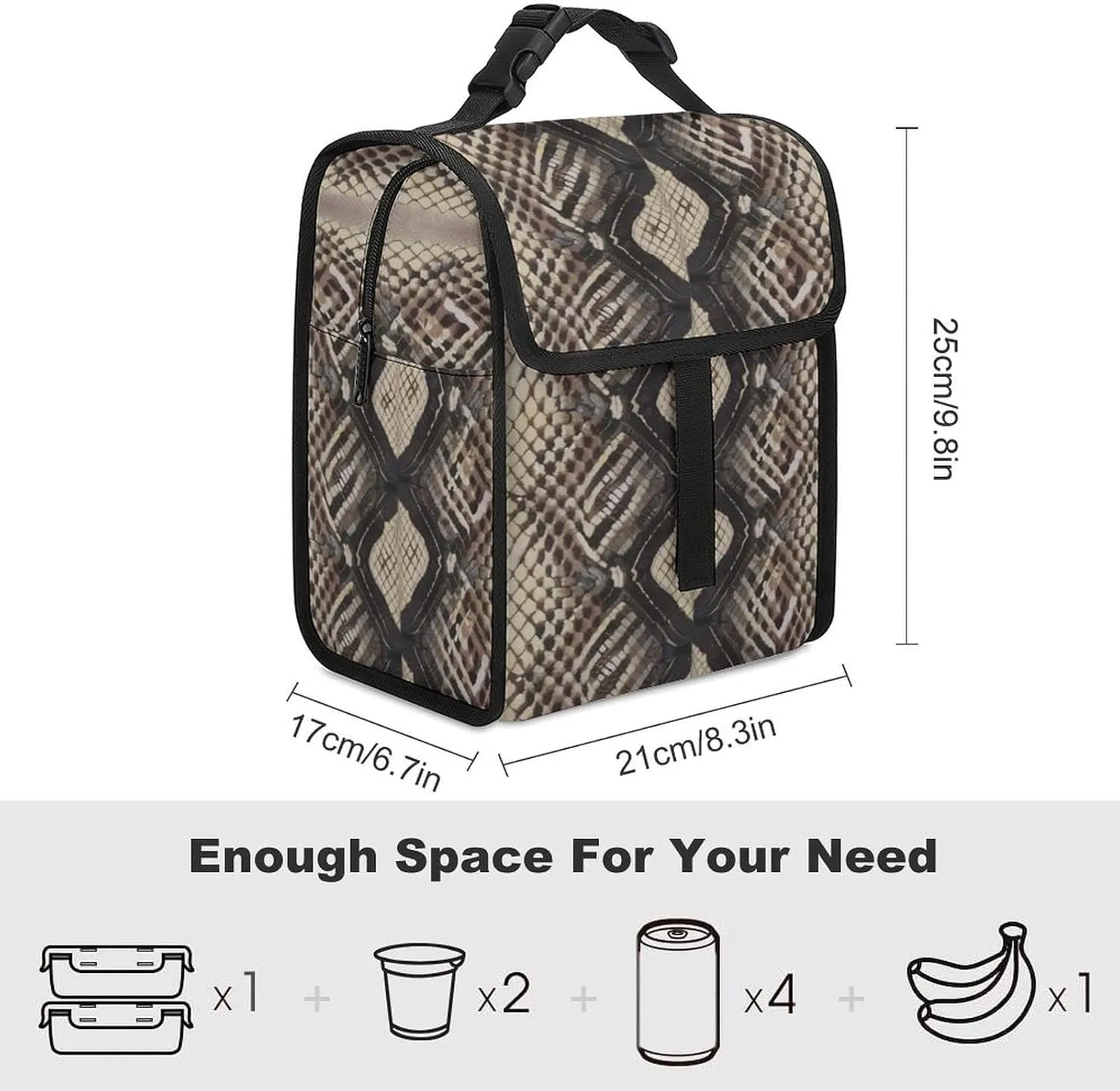 SWEET TANG Insulated Lunch Bag with Buckle - Compatible with Snake Skin Pattern Bento Handbags Reusable College Travel Bag Cooler Warm for Men Women