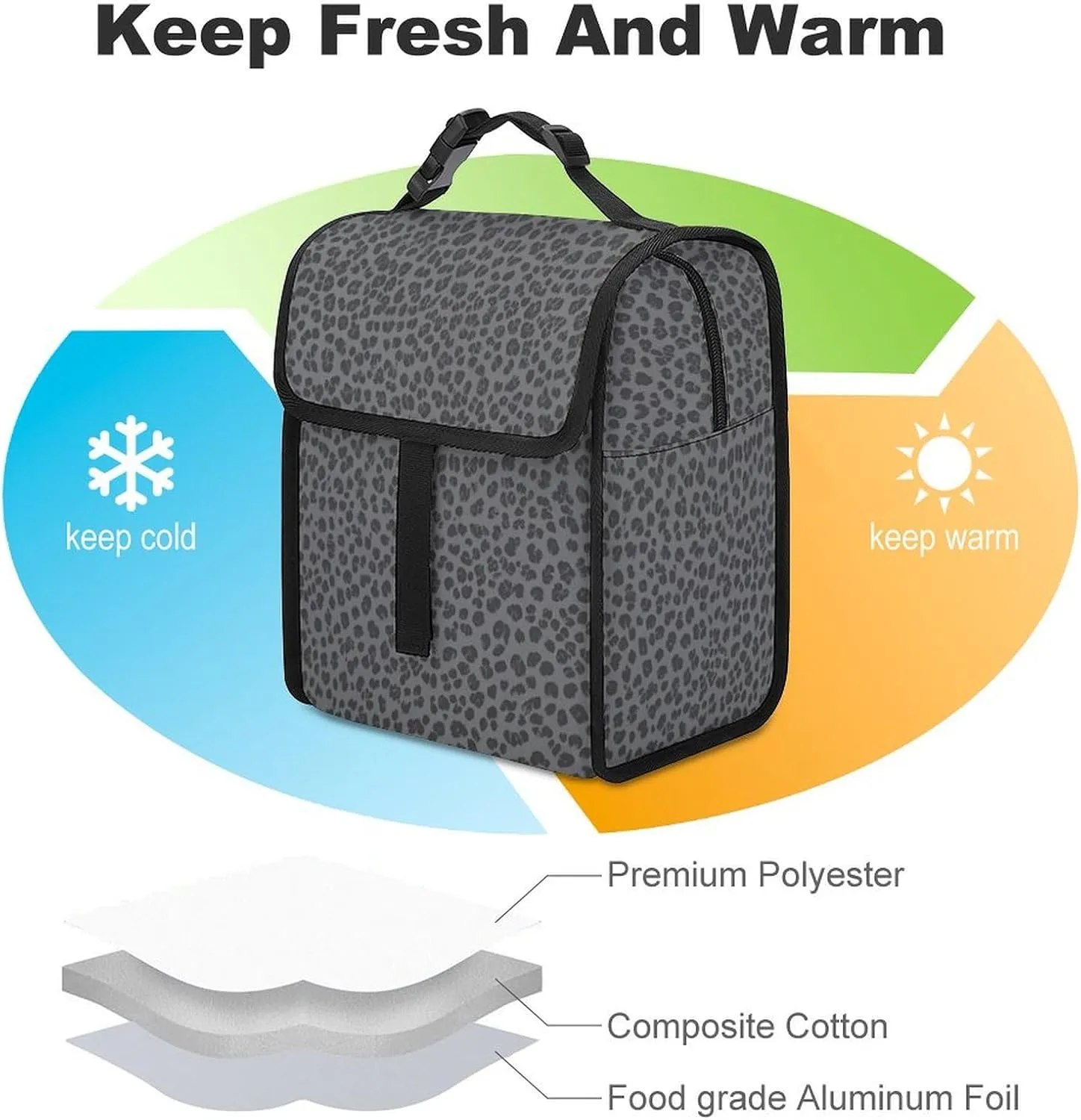 SWEET TANG Lunch Bag with Buckle - Compatible with Dark Gray Black Leopard Cheetah Print, Reusable Insulated Portable Work Office Bento Handbags Multi-Purpose for Mom Nurse Teacher