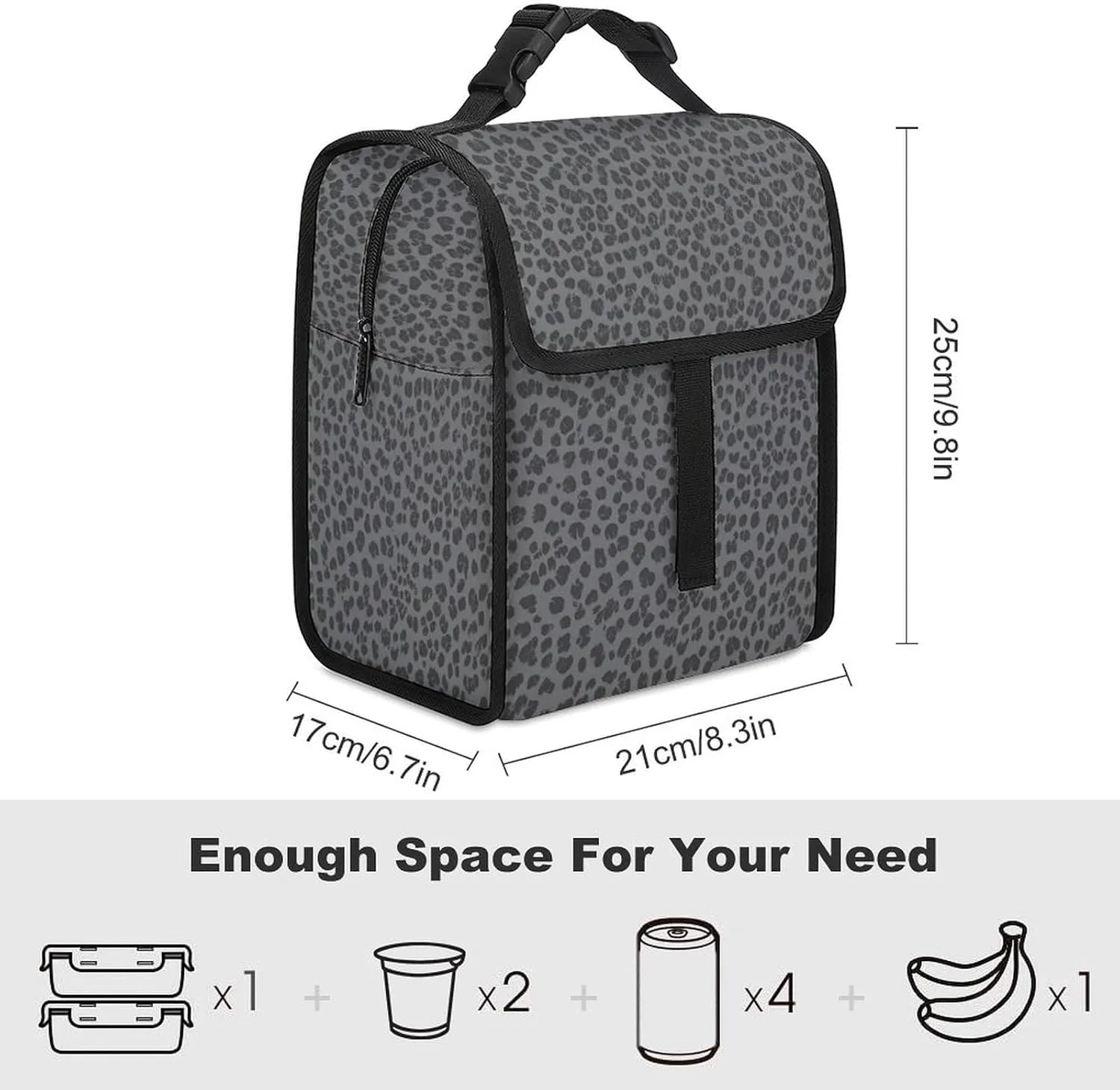 SWEET TANG Lunch Bag with Buckle - Compatible with Dark Gray Black Leopard Cheetah Print, Reusable Insulated Portable Work Office Bento Handbags Multi-Purpose for Mom Nurse Teacher