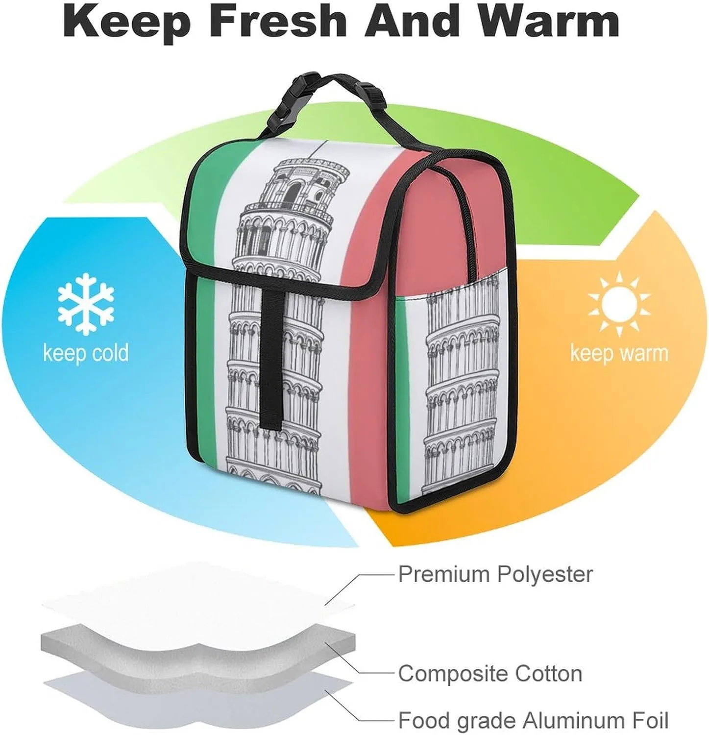 SWEET TANG Lunch Tote with Buckle - Insulated Reusable Work Office Bento Handbags Compatible with Pisa Tower Italian Flag for Adults Men Women Leak-Proof Thermal