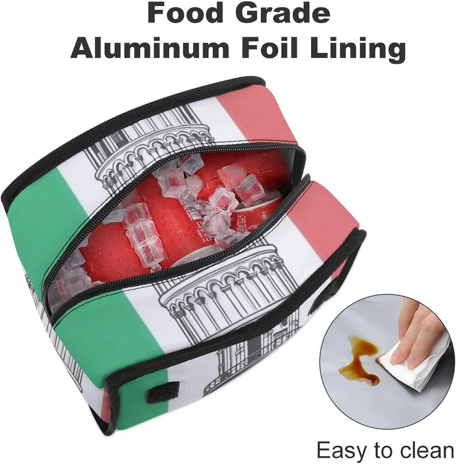 SWEET TANG Lunch Tote with Buckle - Insulated Reusable Work Office Bento Handbags Compatible with Pisa Tower Italian Flag for Adults Men Women Leak-Proof Thermal