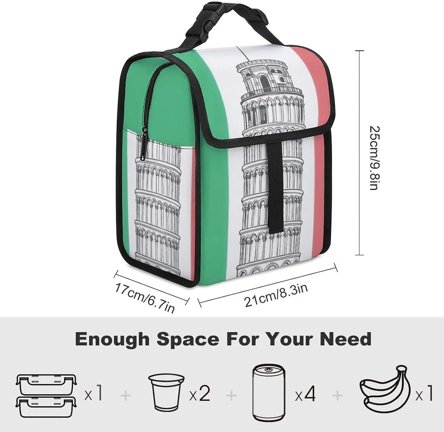 SWEET TANG Lunch Tote with Buckle - Insulated Reusable Work Office Bento Handbags Compatible with Pisa Tower Italian Flag for Adults Men Women Leak-Proof Thermal