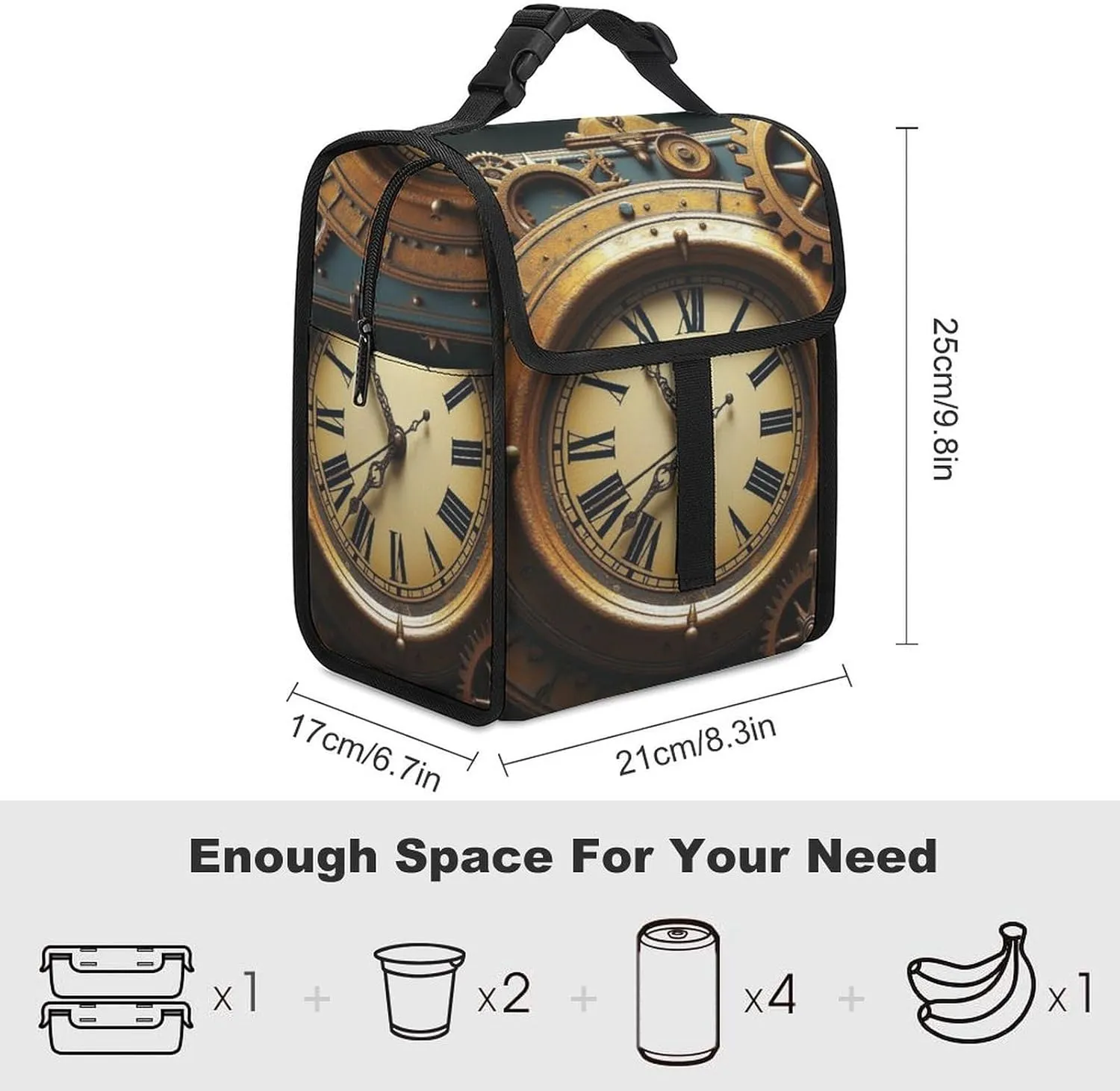 SWEET TANG Lunch Tote with Buckle - Insulated Reusable Work Office Bento Handbags Compatible with Steampunk Clocks for Adults Men Women Leak-Proof Thermal