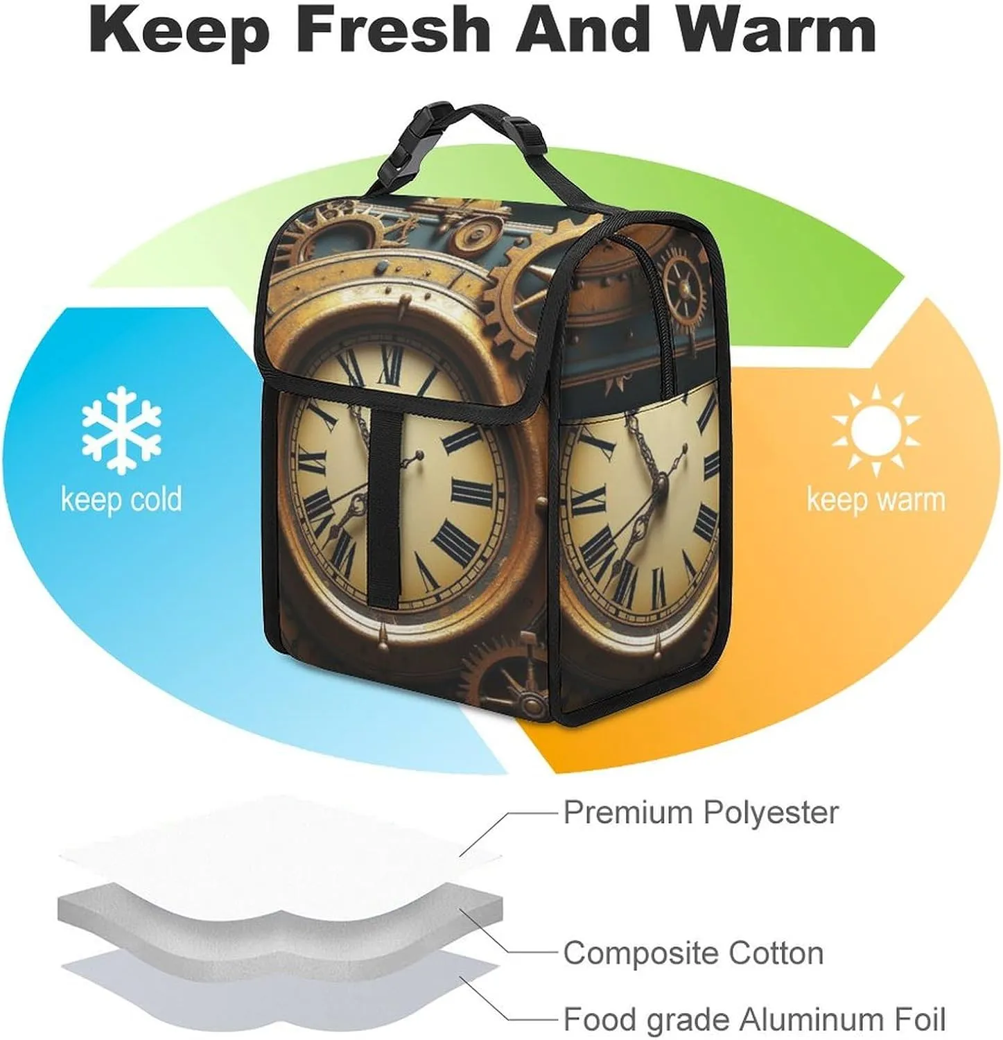 SWEET TANG Lunch Tote with Buckle - Insulated Reusable Work Office Bento Handbags Compatible with Steampunk Clocks for Adults Men Women Leak-Proof Thermal