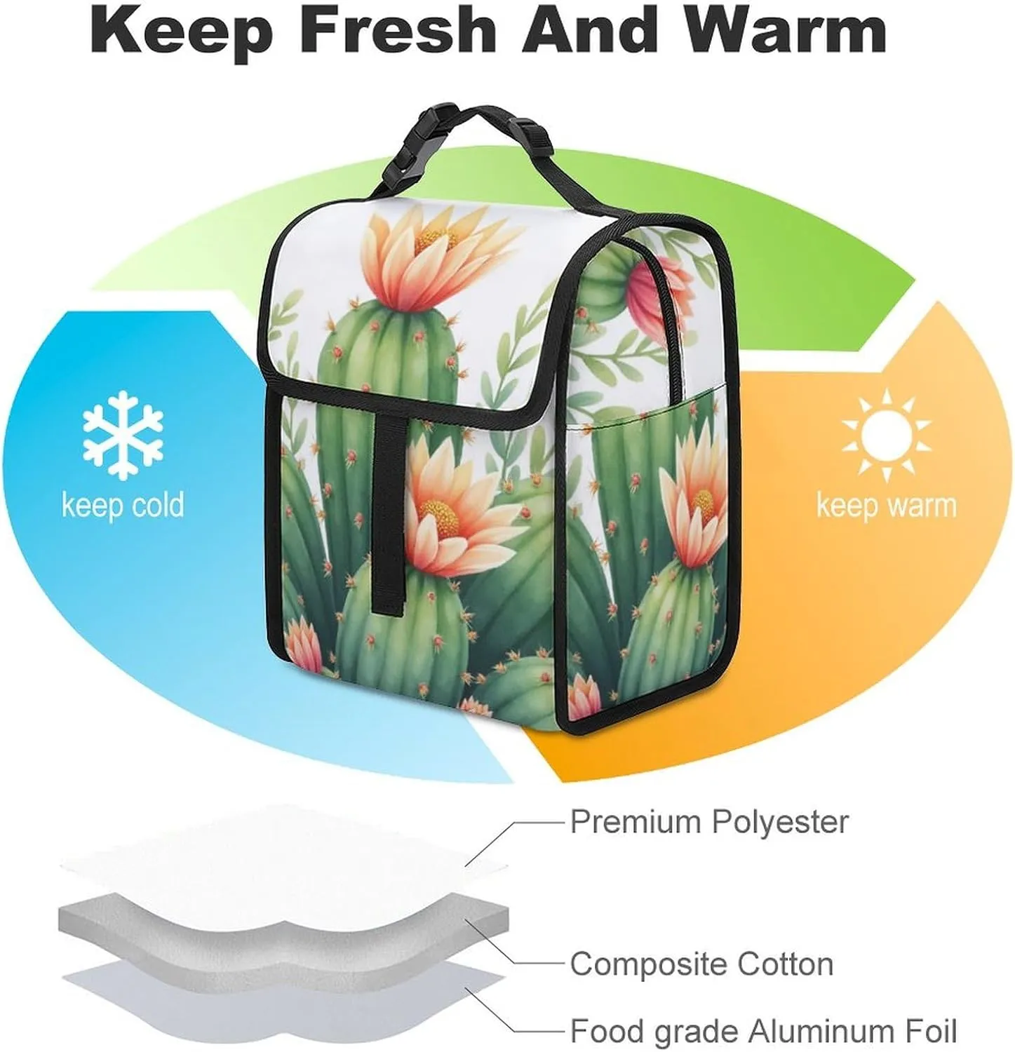SWEET TANG Lunch Tote with Buckle - Insulated Reusable Work Office Bento Handbags Compatible with Watercolor Elements Succulent Plants Cactus for Adults Men Women Leak-Proof Thermal