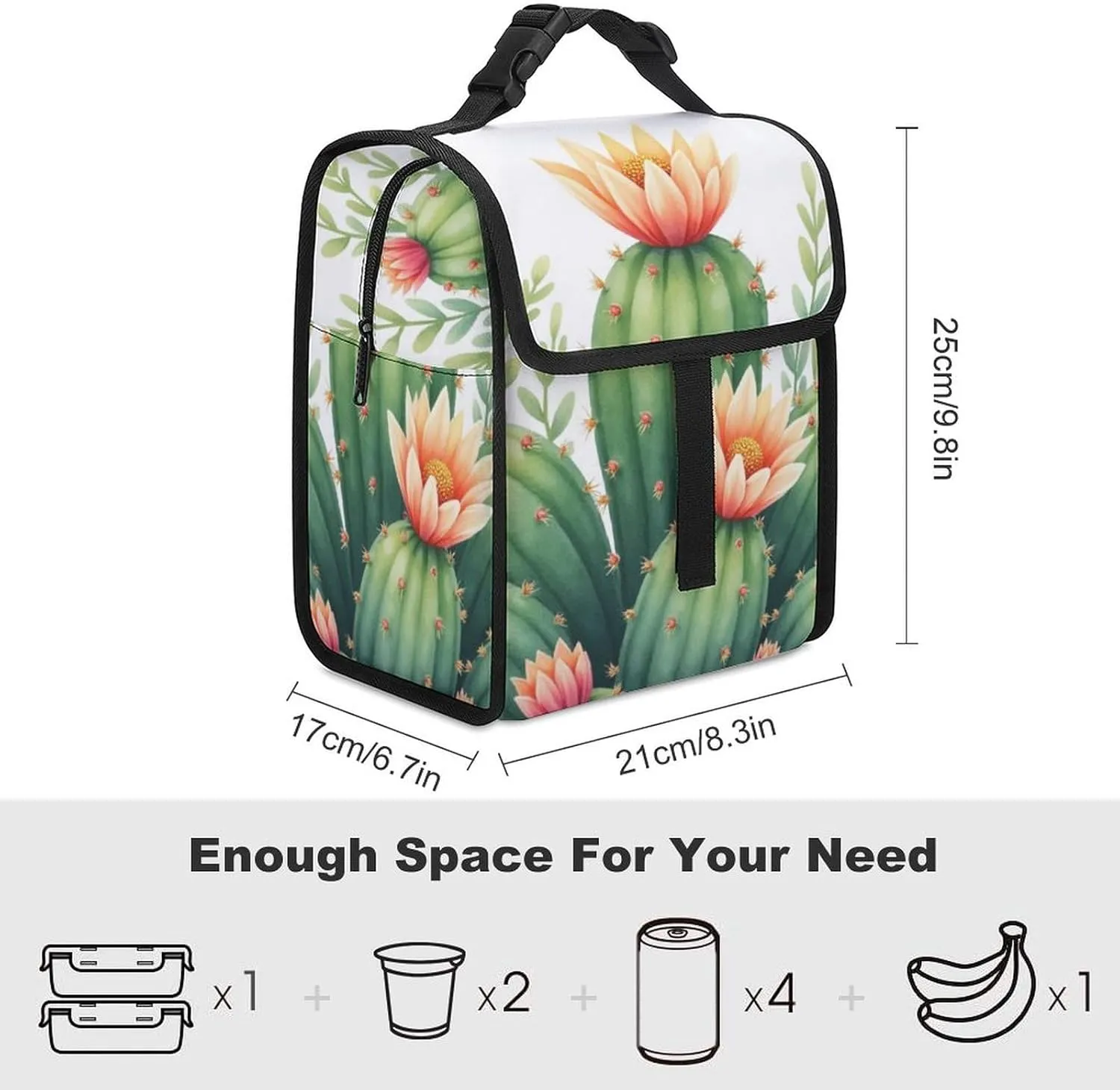 SWEET TANG Lunch Tote with Buckle - Insulated Reusable Work Office Bento Handbags Compatible with Watercolor Elements Succulent Plants Cactus for Adults Men Women Leak-Proof Thermal