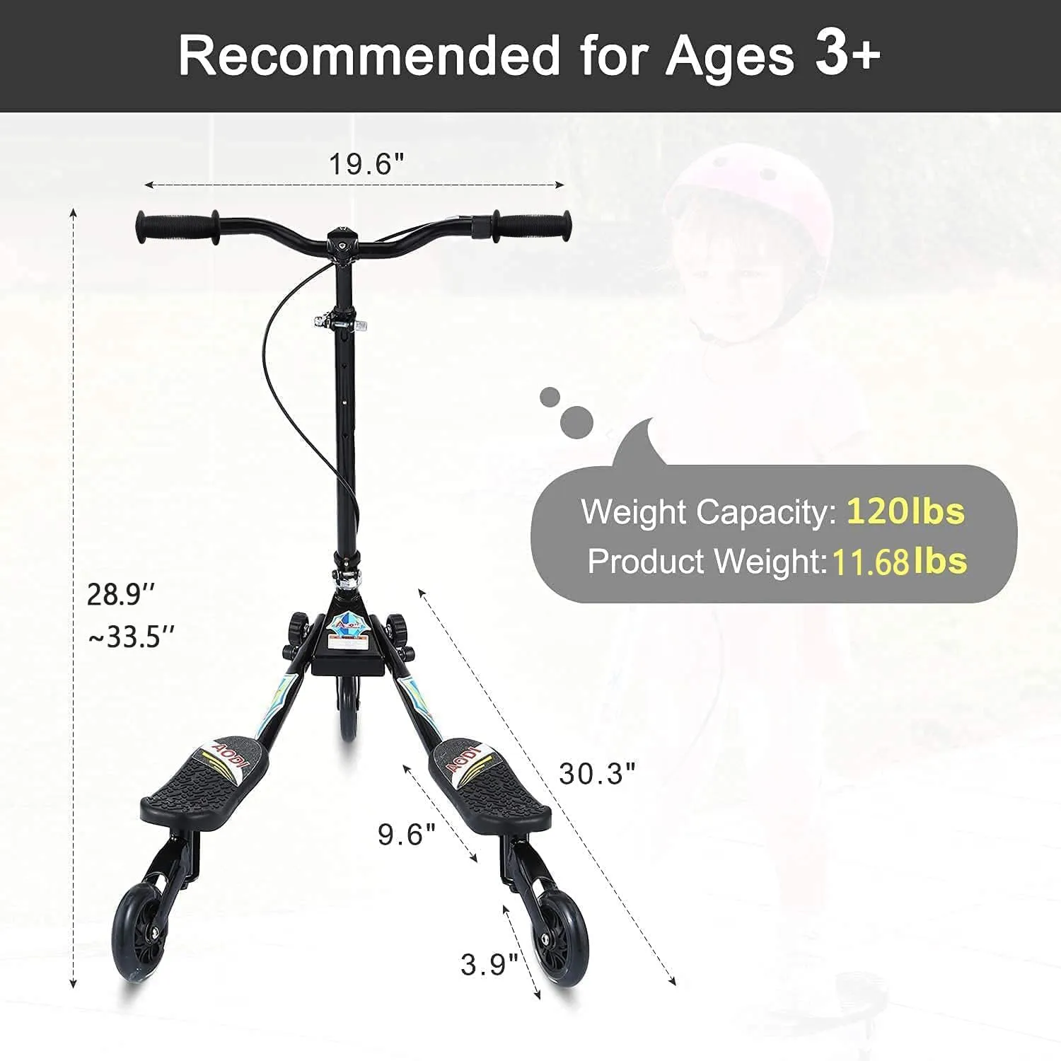 Swing Scooter for Kids, 3 Wheels Foldable Wiggle Kick Scooter Push Drifting with 4 Adjustable Handlebar & 2 Rear LED Wheel for Boys and Girls Ages 3-8