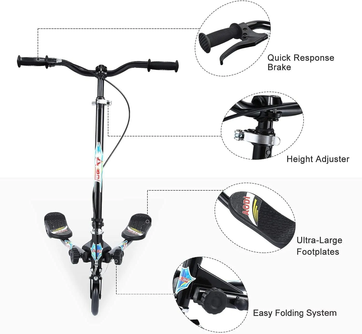 Swing Scooter for Kids, 3 Wheels Foldable Wiggle Kick Scooter Push Drifting with 4 Adjustable Handlebar & 2 Rear LED Wheel for Boys and Girls Ages 3-8